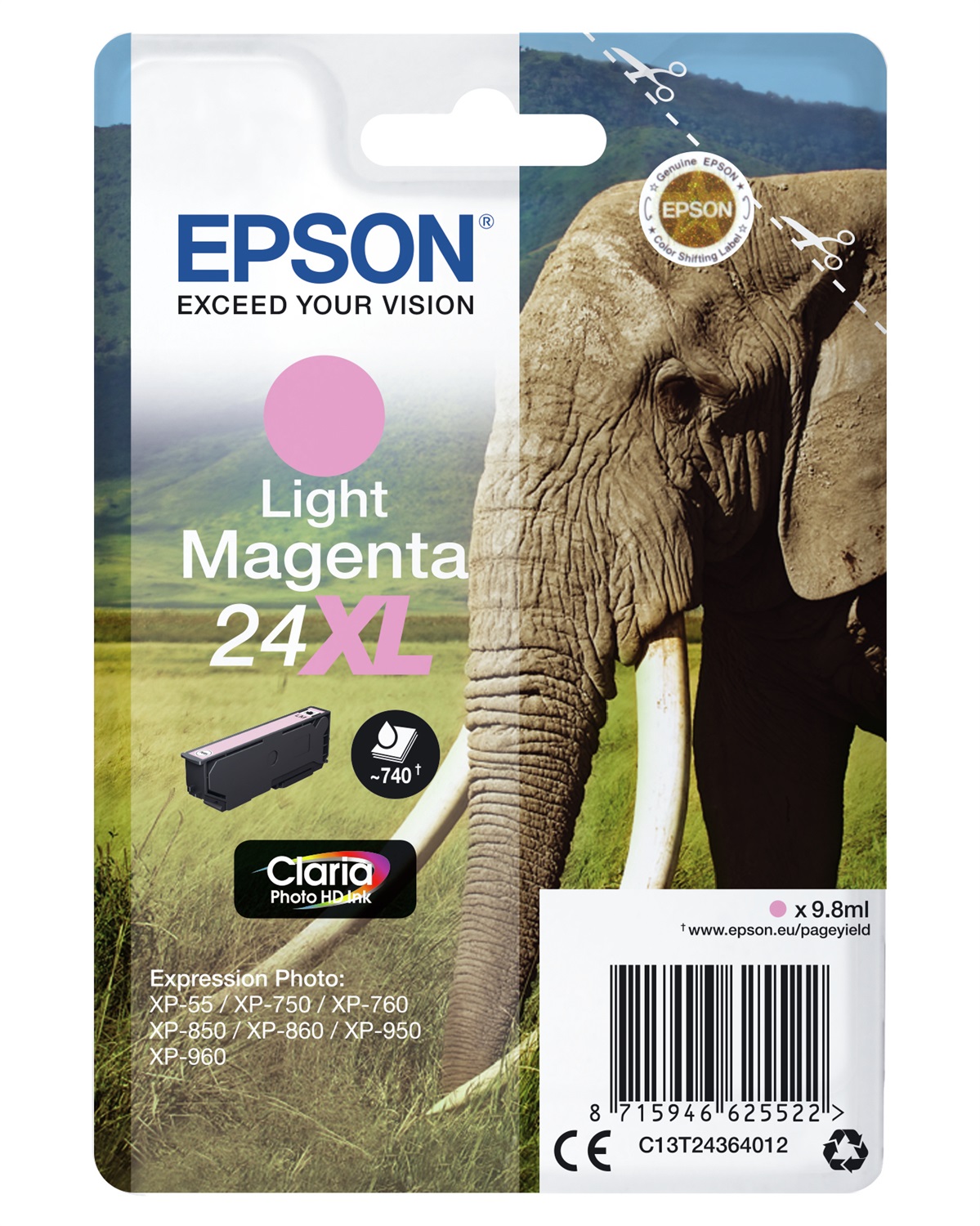 Epson Cartuccia Magenta Chiaro 24XL - 9,8 ml - Claria Photo HD - Compatibile con Expression Photo XP-970, XP-960, XP-950, XP-860, XP-760, XP-55, XP-850, XP-750
