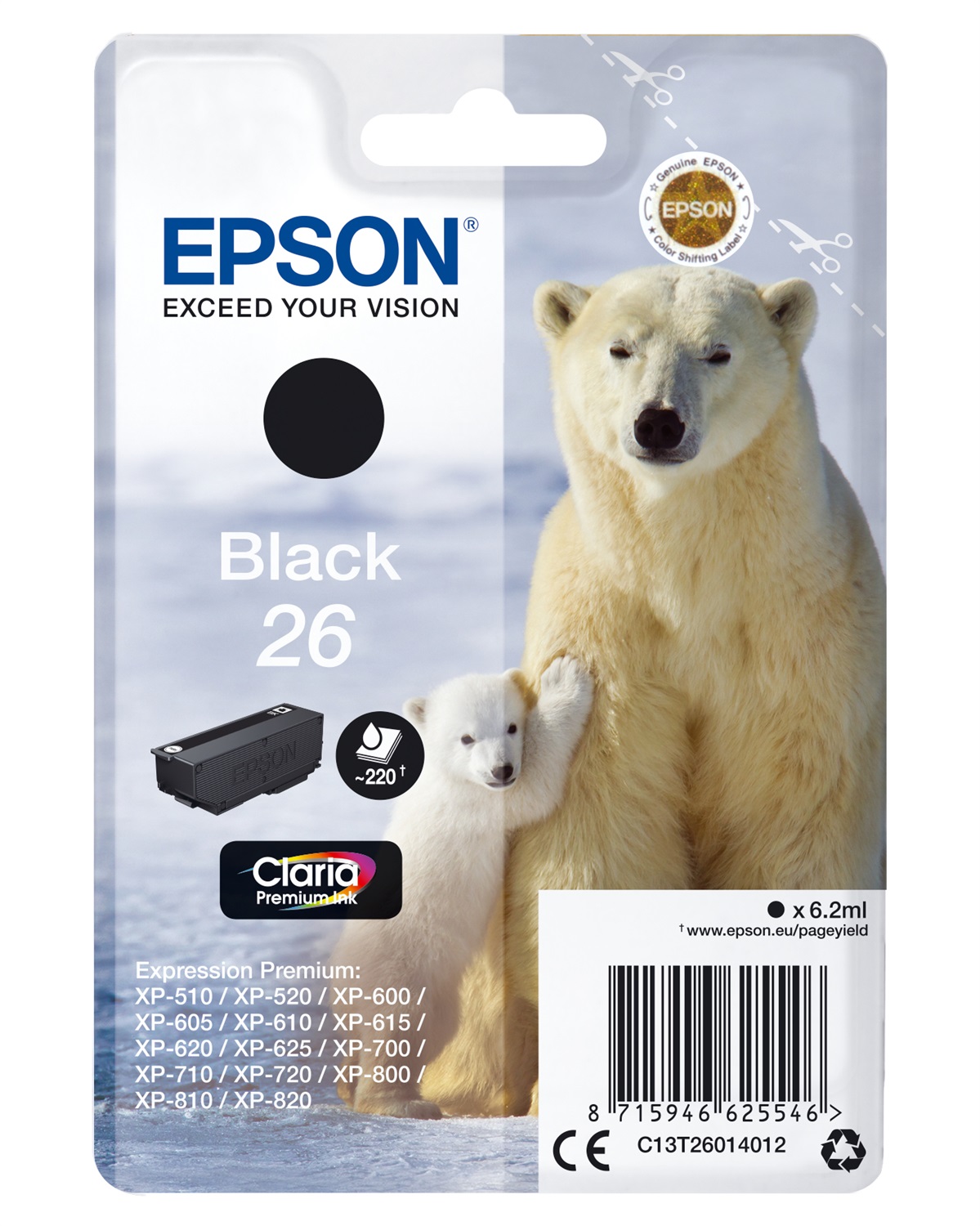 Epson C13T26014022 Cartuccia di Inchiostro Nero Claria Premium - 6,2 ml, Compatibile con Expression Premium XP-600/605/700/800/820/720/625