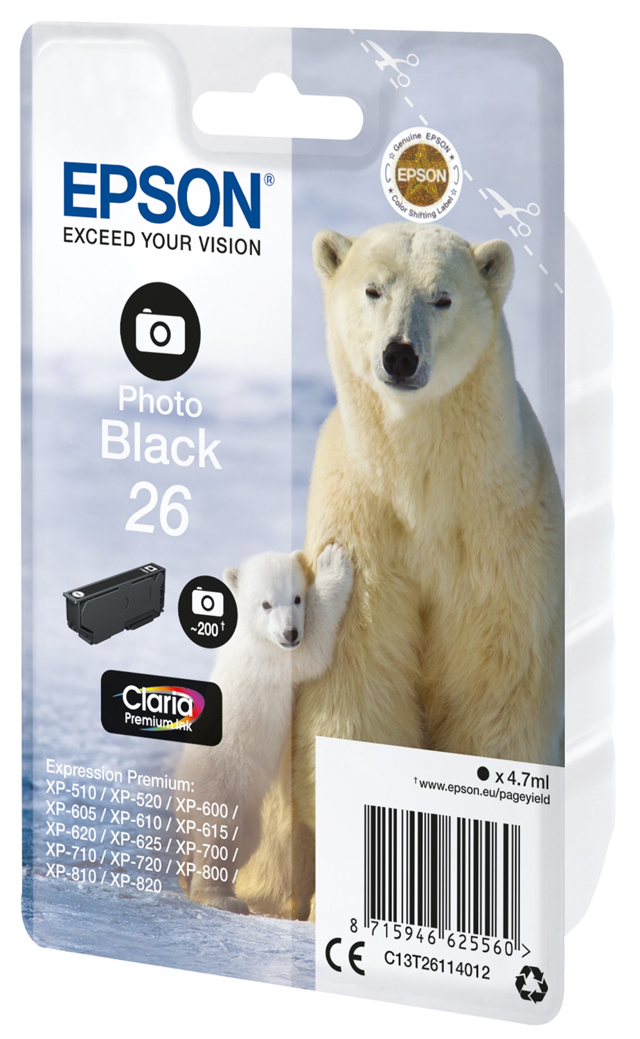 Epson Cartuccia Inkjet Nero Fotografico 26 C13T26114012 - 4,7 ml, 200 Pagine, Compatibile con Epson Expression Premium