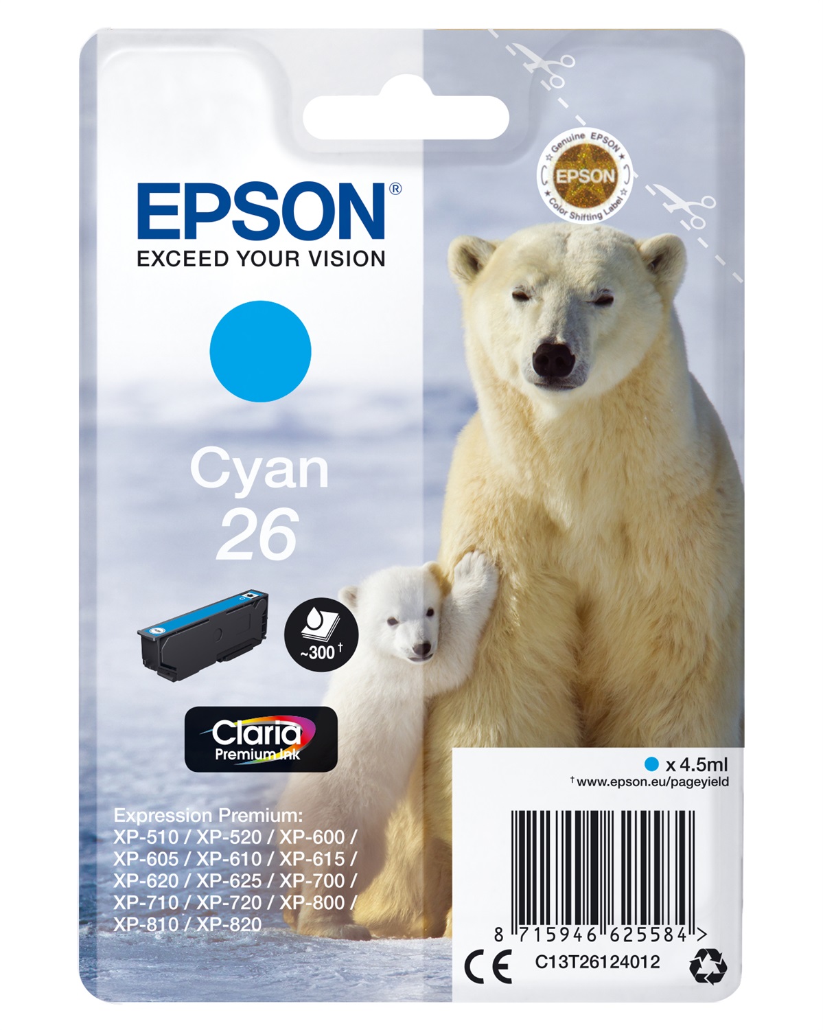 Epson Cartuccia Ciano Claria Premium 26 - 4,5 ml - C13T26124012 - Resa 300 Pagine