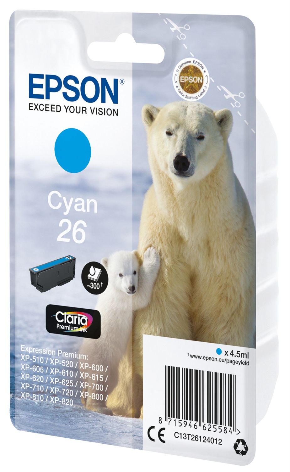 Epson Cartuccia Ciano Claria Premium 26 - 4,5 ml - C13T26124012 - Resa 300 Pagine