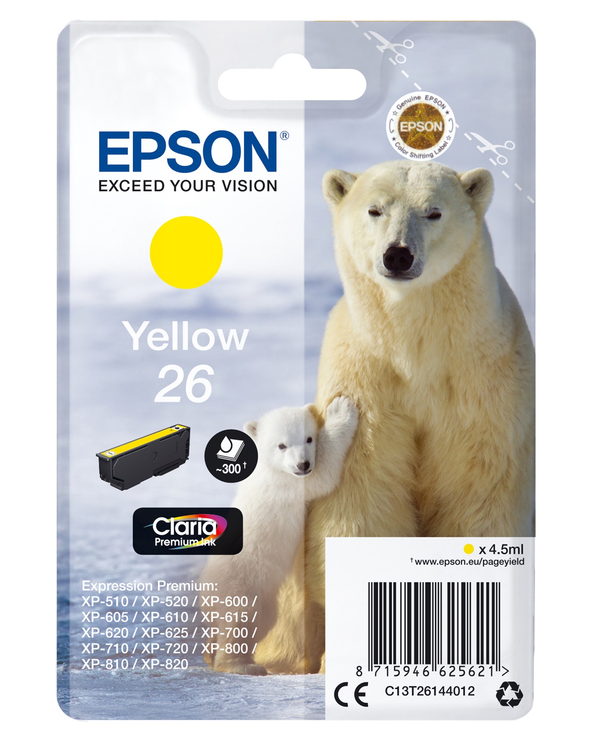 Epson Cartuccia Giallo C13T26144022 - Inchiostro Claria Premium, 4,5 ml, Resa Standard, Compatibile con Expression Premium XP-600/605/700/720/800/820