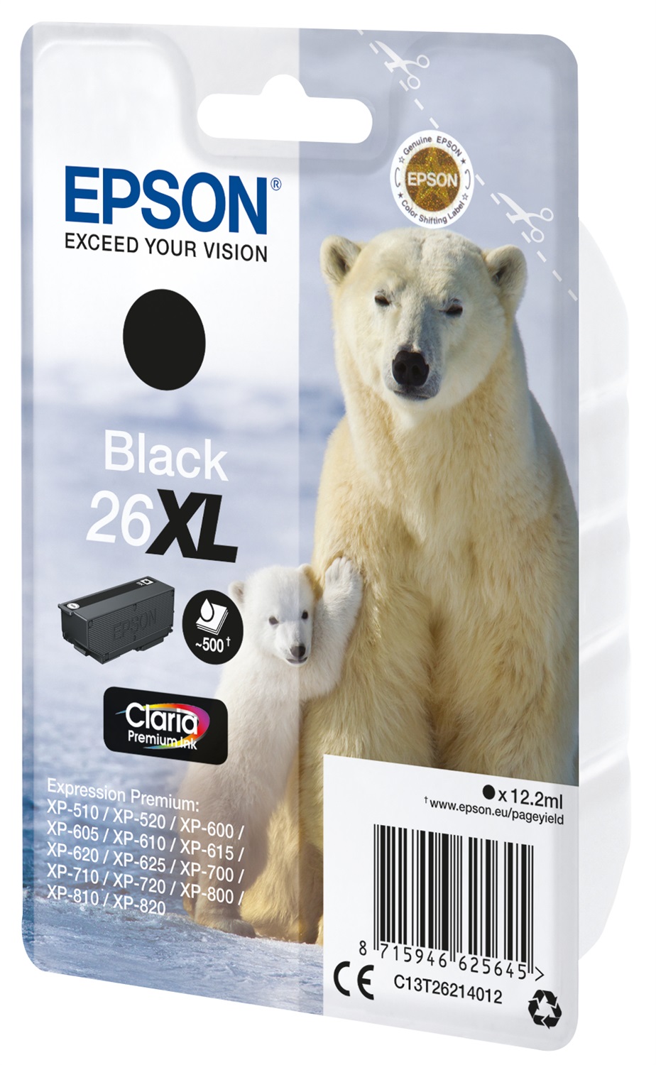 Epson Cartuccia Nero XL C13T26214022 - Inchiostro a base di pigmento, 12,2 ml, Fino a 500 pagine, Compatibile con Expression Premium XP-820/720/625/600/605/700/800