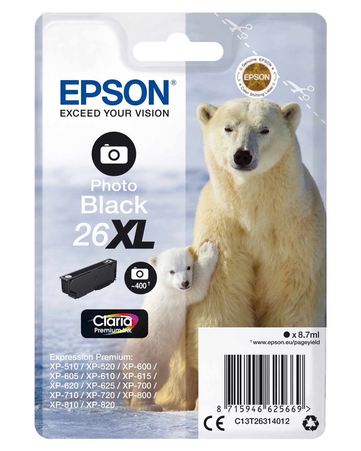 Epson Cartuccia Nero Foto 26XL C13T26314012 - Alta Capacità 8,7 ml, 400 Pagine, Compatibile con Epson Expression Premium