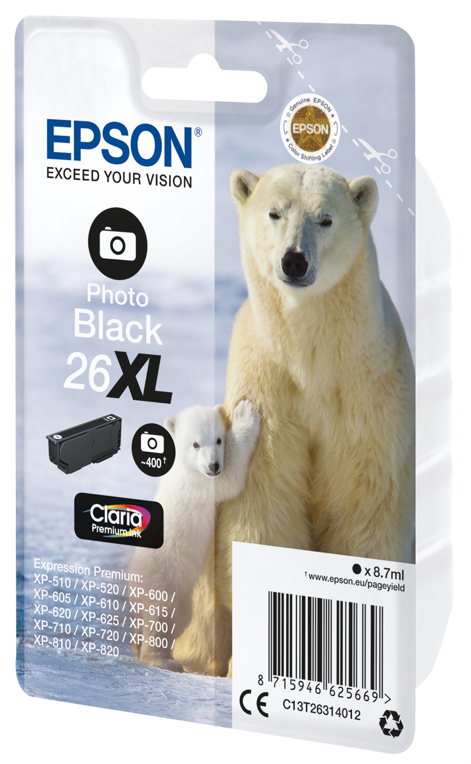 Epson Cartuccia Nero Foto 26XL C13T26314012 - Alta Capacità 8,7 ml, 400 Pagine, Compatibile con Epson Expression Premium
