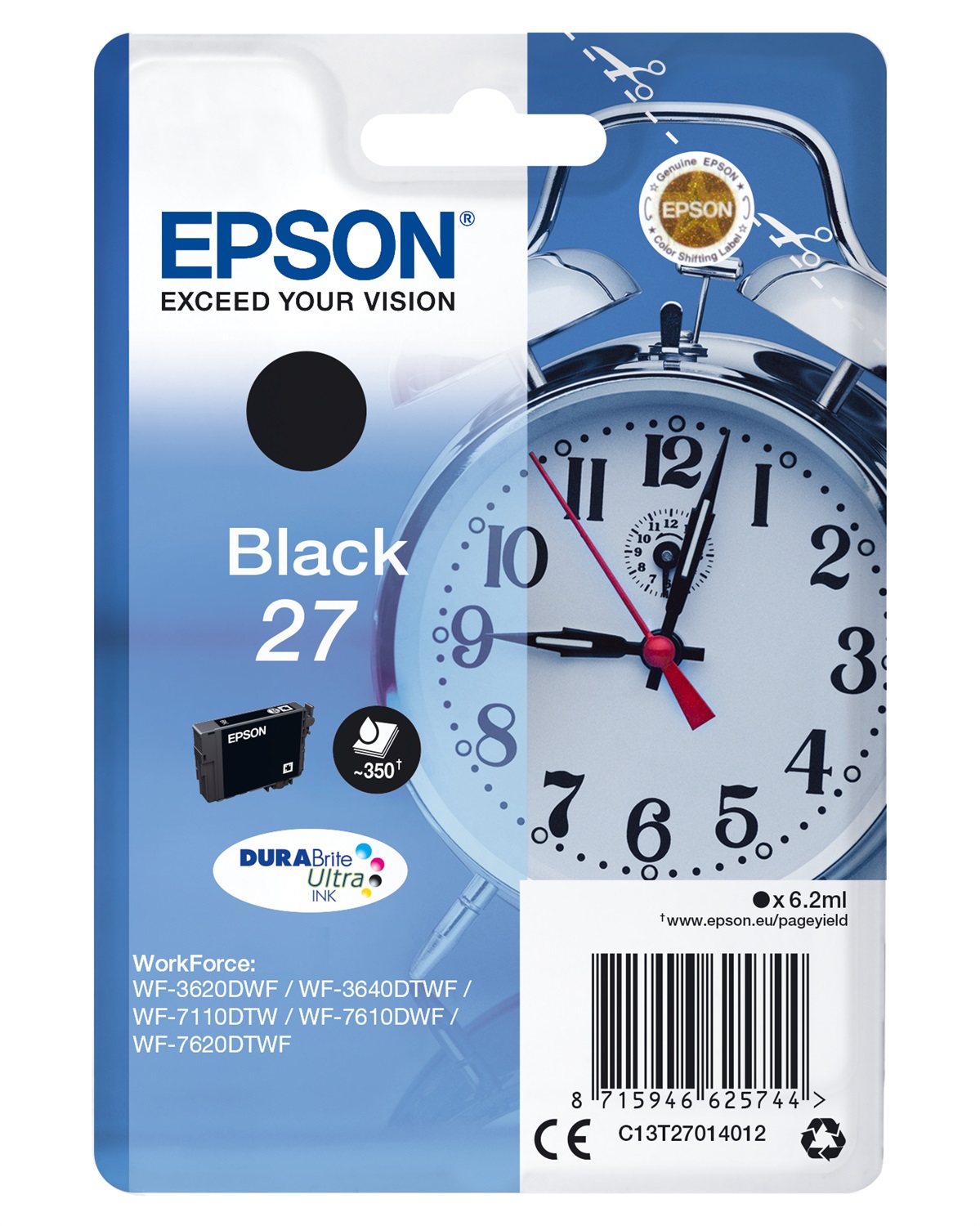 Epson Cartuccia d'Inchiostro Nero C13T27014022 DURABrite Ultra 27 - 6,2 ml, 350 Pagine, 1 pz