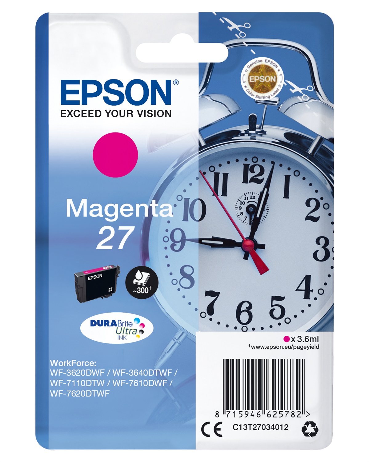 Epson Cartuccia Inchiostro Magenta DURABrite Ultra 27 - 3,6 ml, Compatibile con WorkForce WF-3620, WF-3640, WF-7110, WF-7210, WF-7610, WF-7620, WF-7710, WF-7715, WF-7720
