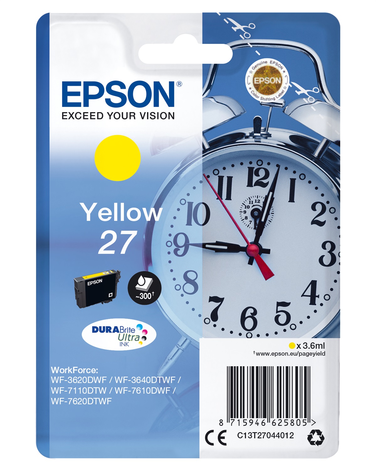 Epson Cartuccia Giallo C13T27044022 - Inchiostro DURABrite Ultra 3,6 ml per WorkForce WF-3620, WF-3640, WF-7110, WF-7210, WF-7610, WF-7620, WF-7710, WF-7715, WF-7720