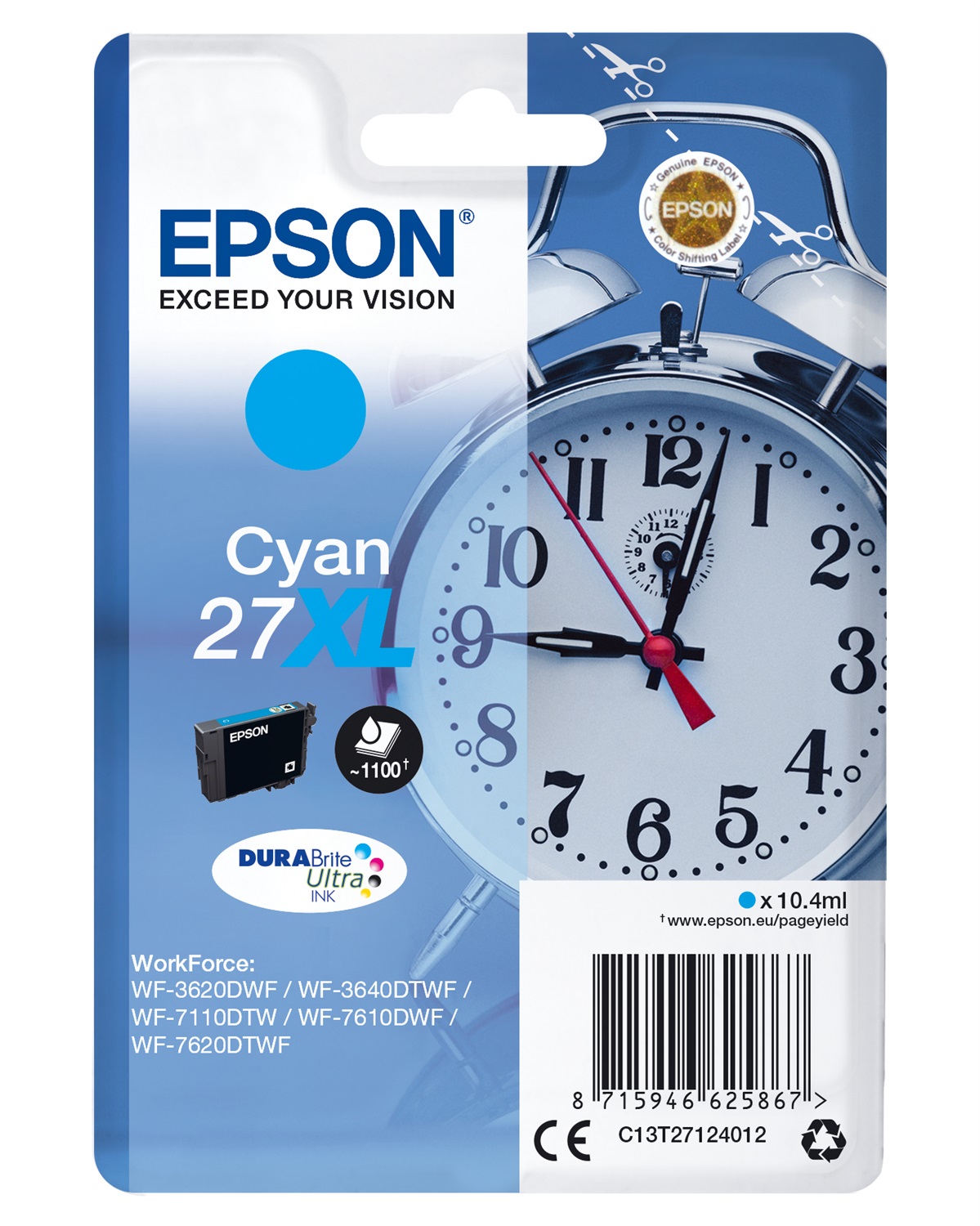 Epson Cartuccia Inchiostro Ciano 27XL (C13T27124022) - Resa Elevata, 10,4 ml, Fino a 1100 Pagine