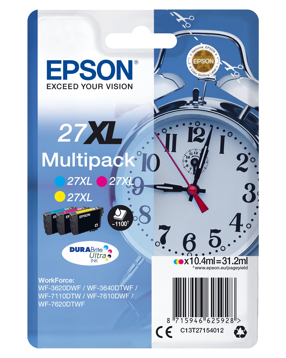 Epson C13T27154022 Multipack Cartucce Inchiostro 27XL - Ciano, Magenta, Giallo, Resa Elevata, 10,4 ml