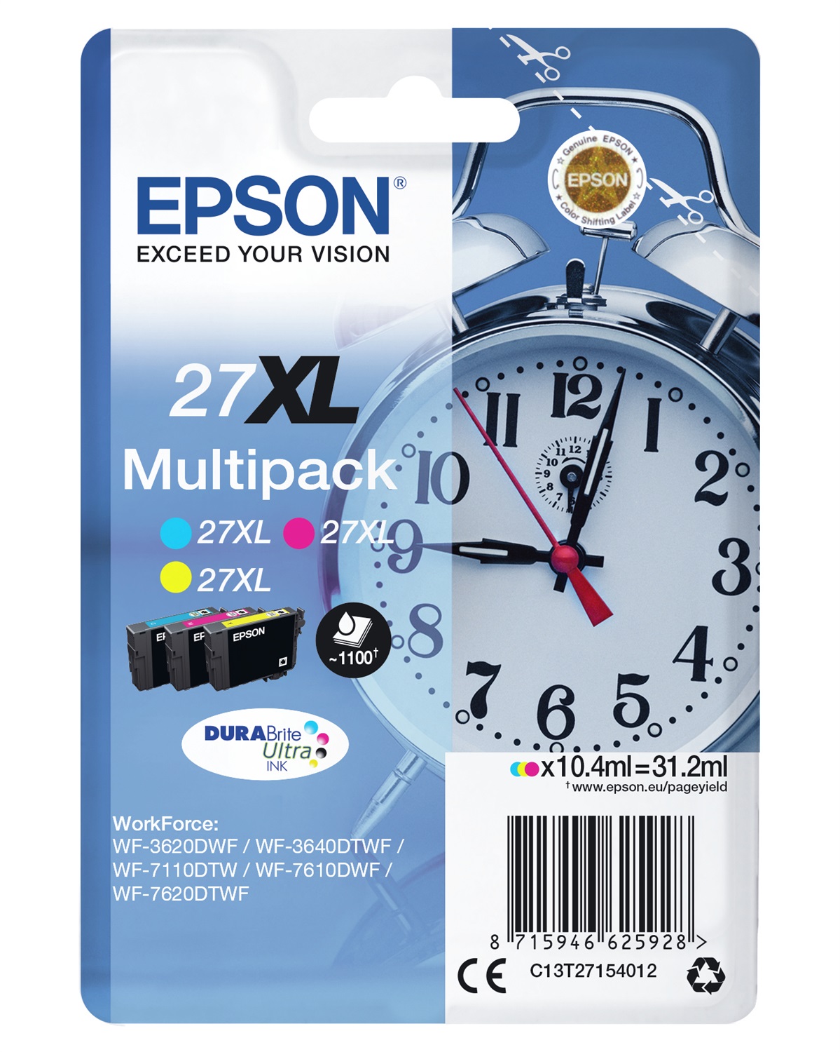Epson C13T27154022 Multipack Cartucce Inchiostro 27XL - Ciano, Magenta, Giallo, Resa Elevata, 10,4 ml