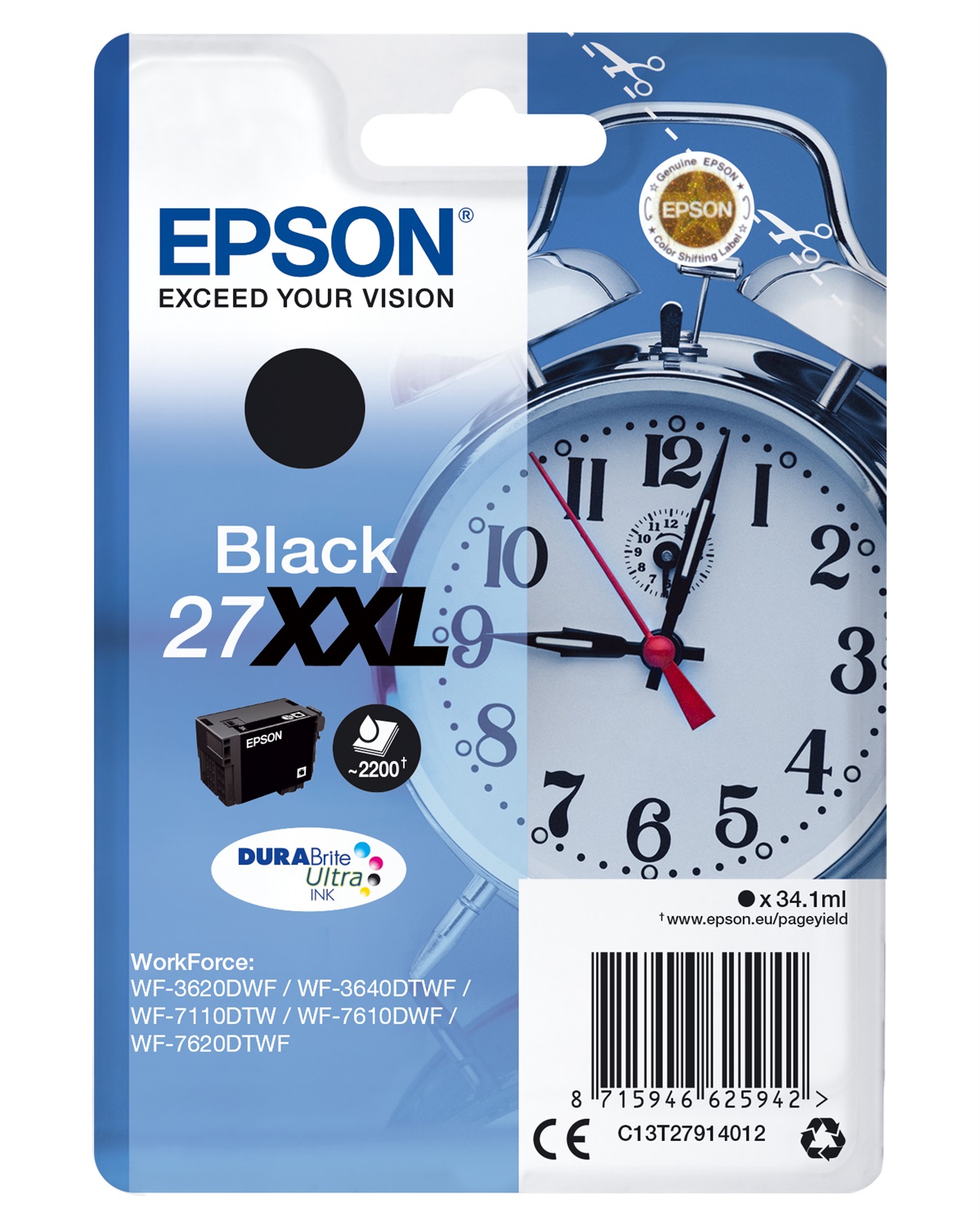 Epson Cartuccia Inchiostro Nero 27XXL C13T27914012 - Alta Capacità, 34,1ml, Durabrite Ultra, Fino a 2200 Pagine