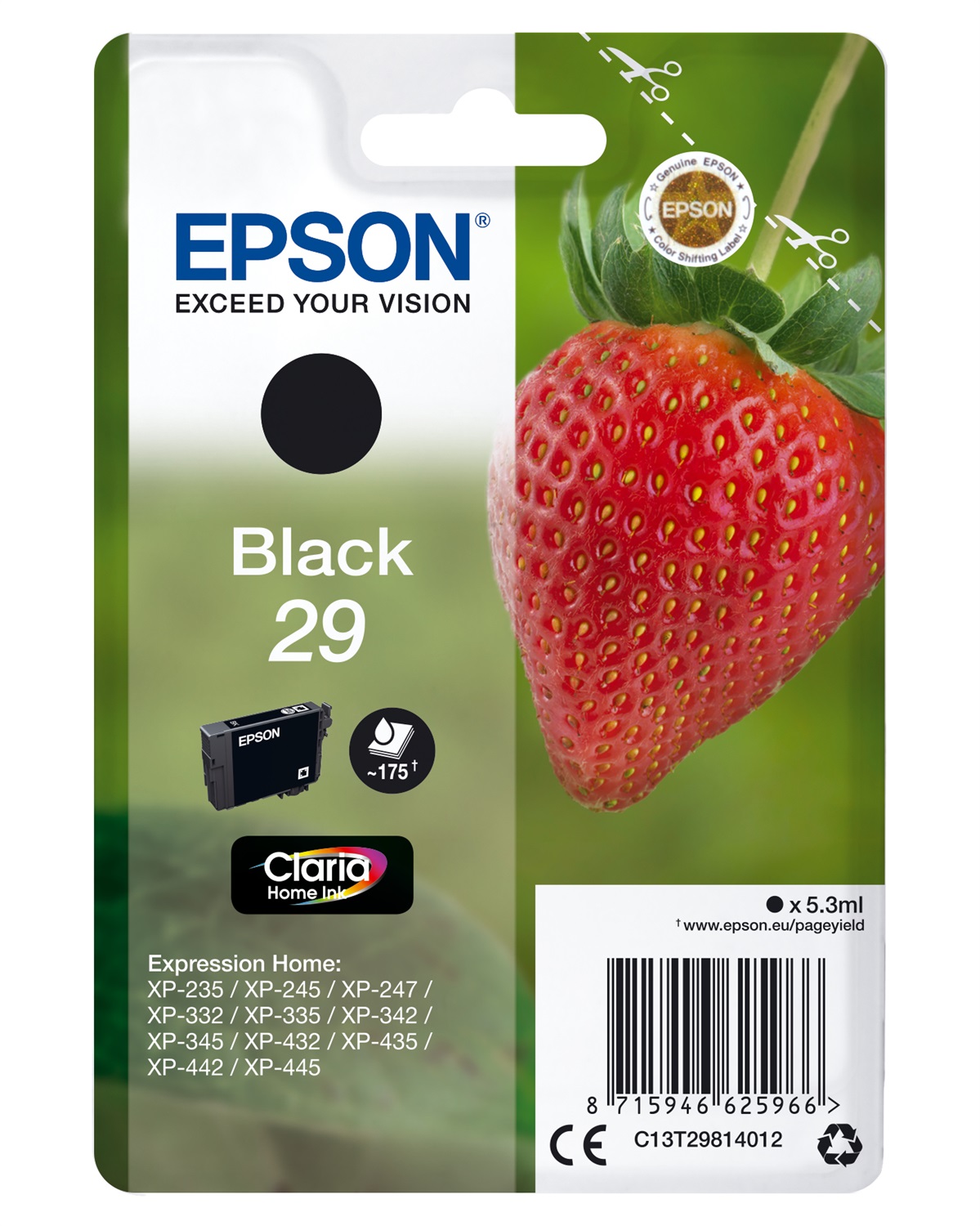 Epson Cartuccia d'Inchiostro Nero C13T29814022 - Serie 29, 5,3 ml, 175 Pagine, Compatibile con Expression Home