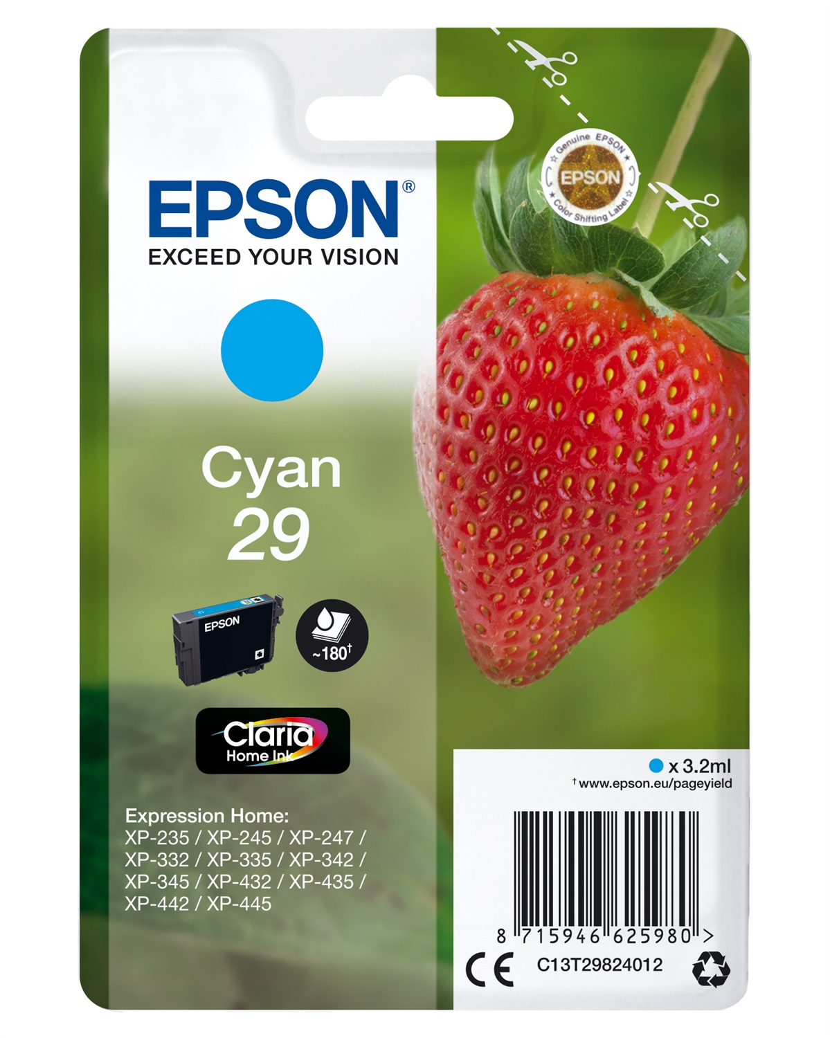 Epson Cartuccia inchiostro T29 Ciano Originale 3,2 ml - Compatibile con Epson Expression Home