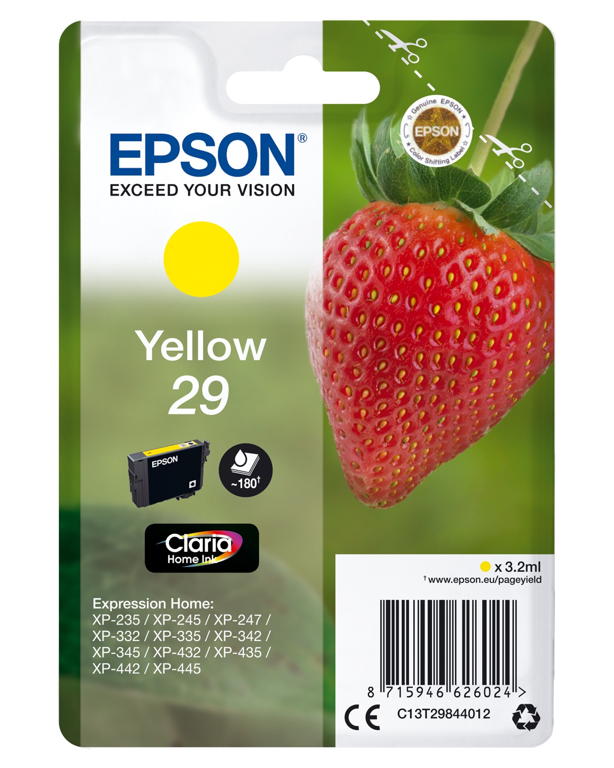 Epson Cartuccia d'Inchiostro Giallo Claria Home Serie 29 - C13T29844022, 3,2 ml, 180 Pagine