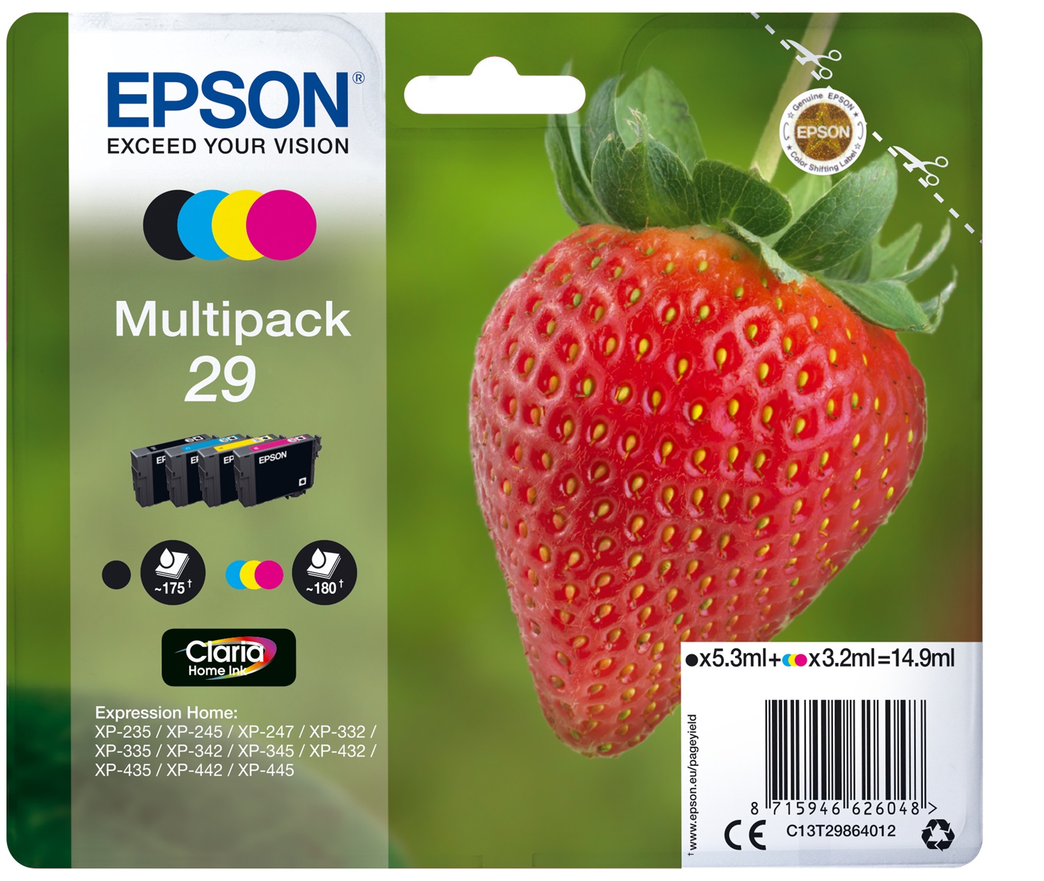 Epson C13T29864012 Multipack Fragola - 4 Cartucce Inchiostri Claria Home (Nero, Ciano, Magenta, Giallo) - Capacità 5,3ml e 3,2ml - Resa fino a 180 pagine