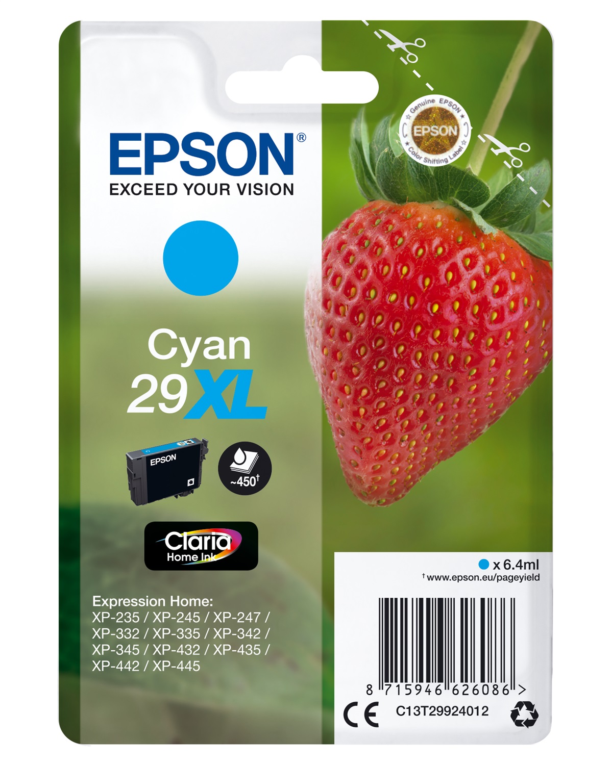 Epson Cartuccia inchiostro Ciano 29XL C13T29924012 - 6,4 ml, Alta Capacità, 450 pagine