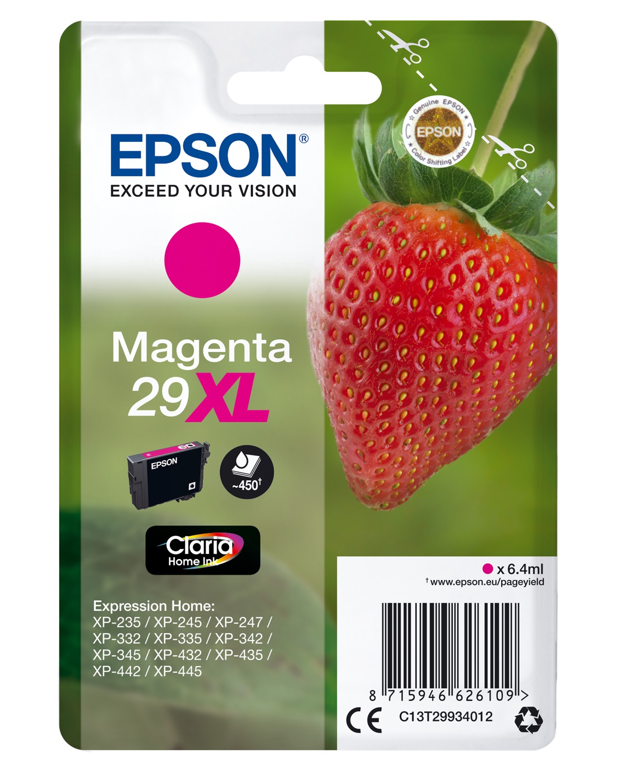 Epson Cartuccia Inchiostro Magenta Alta Capacità 29XL C13T29934012 - 6,4 ml, Fino a 450 Pagine, Compatibile con Epson Expression Home