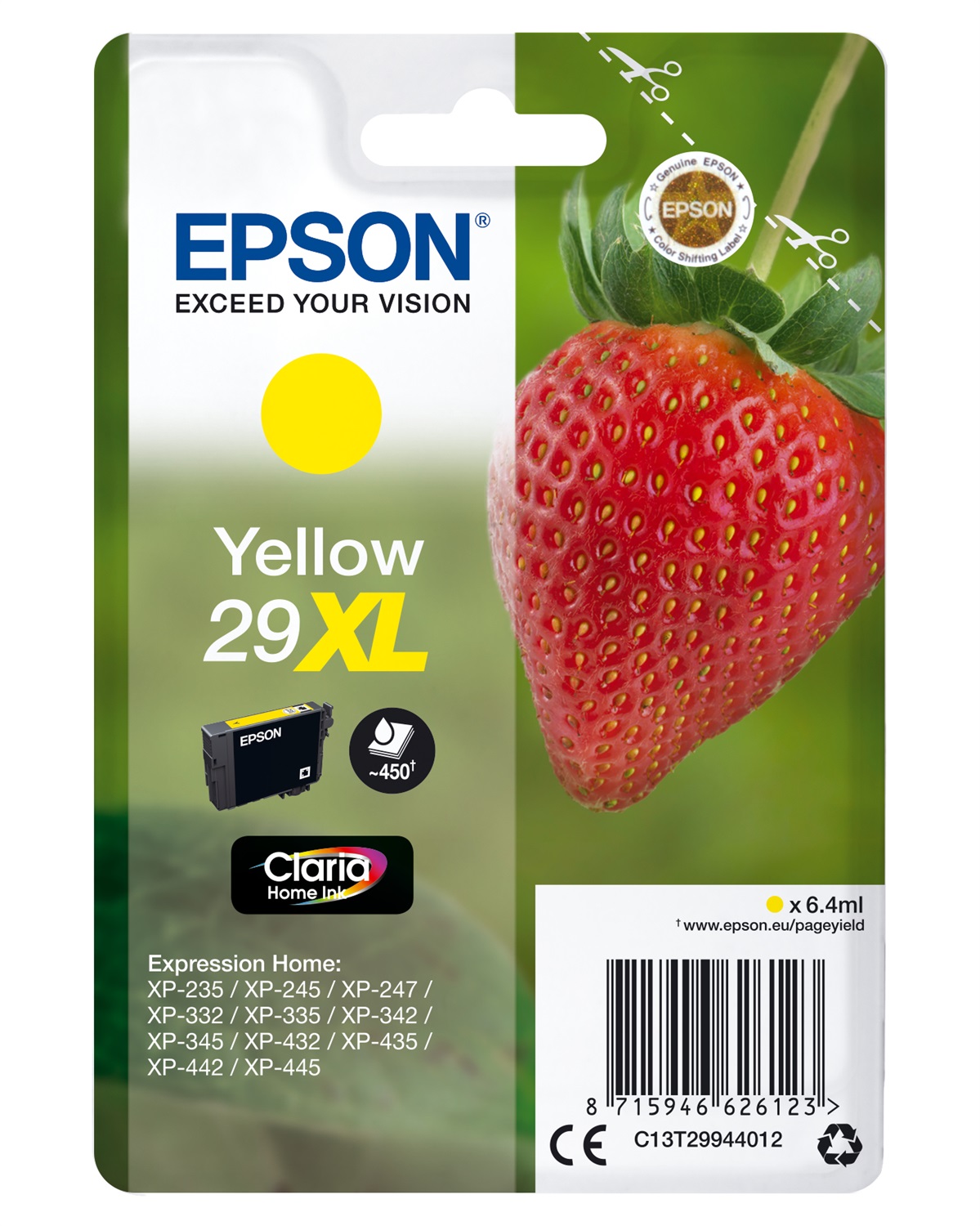 Epson Cartuccia Giallo Claria Home 29XL - C13T29944022, 6,4 ml, Fino a 450 Pagine, Compatibile con Expression Home