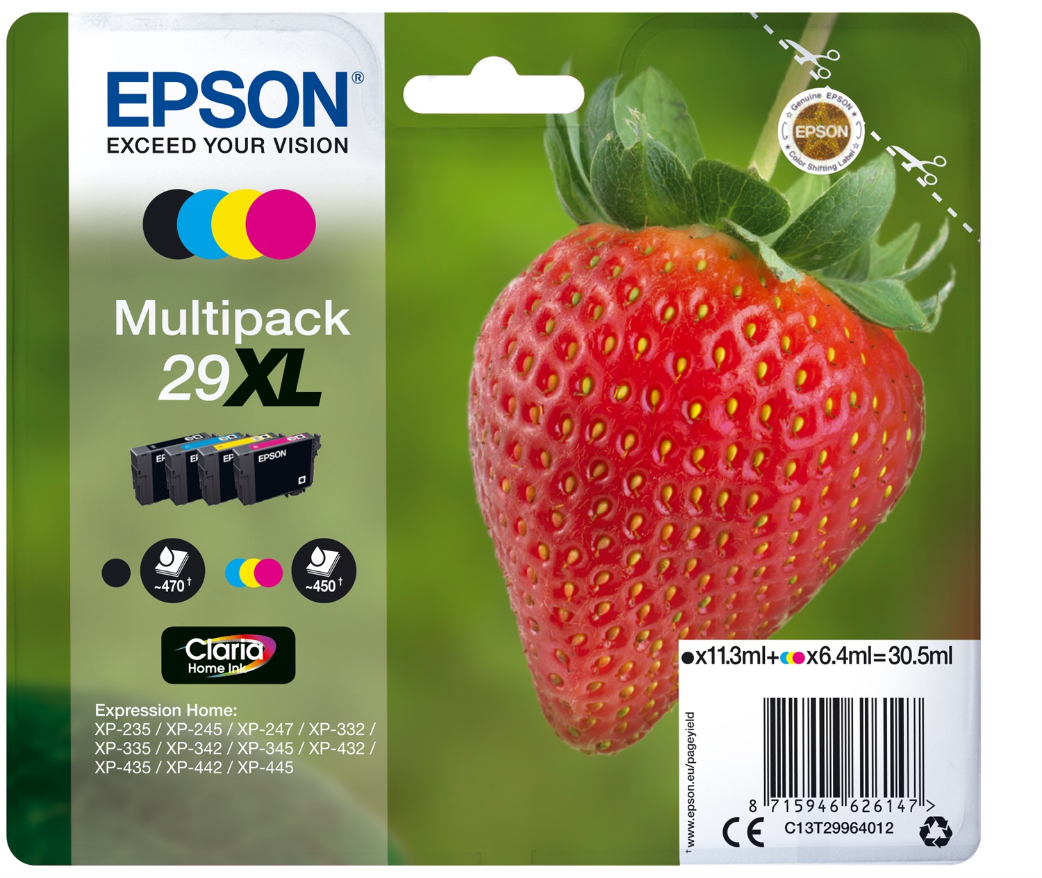 Epson Cartucce d'Inchiostro Claria Home 29XL Fragola Multipack (Nero 11,3ml Ciano 6,4ml Magenta 6,4ml Giallo 6,4ml)