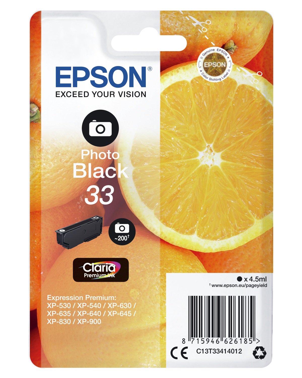 Epson C13T33414022 Cartuccia Nero Foto Claria Premium 4,5 ml per Expression Premium XP-530/540/630/635/640/645/7100/830