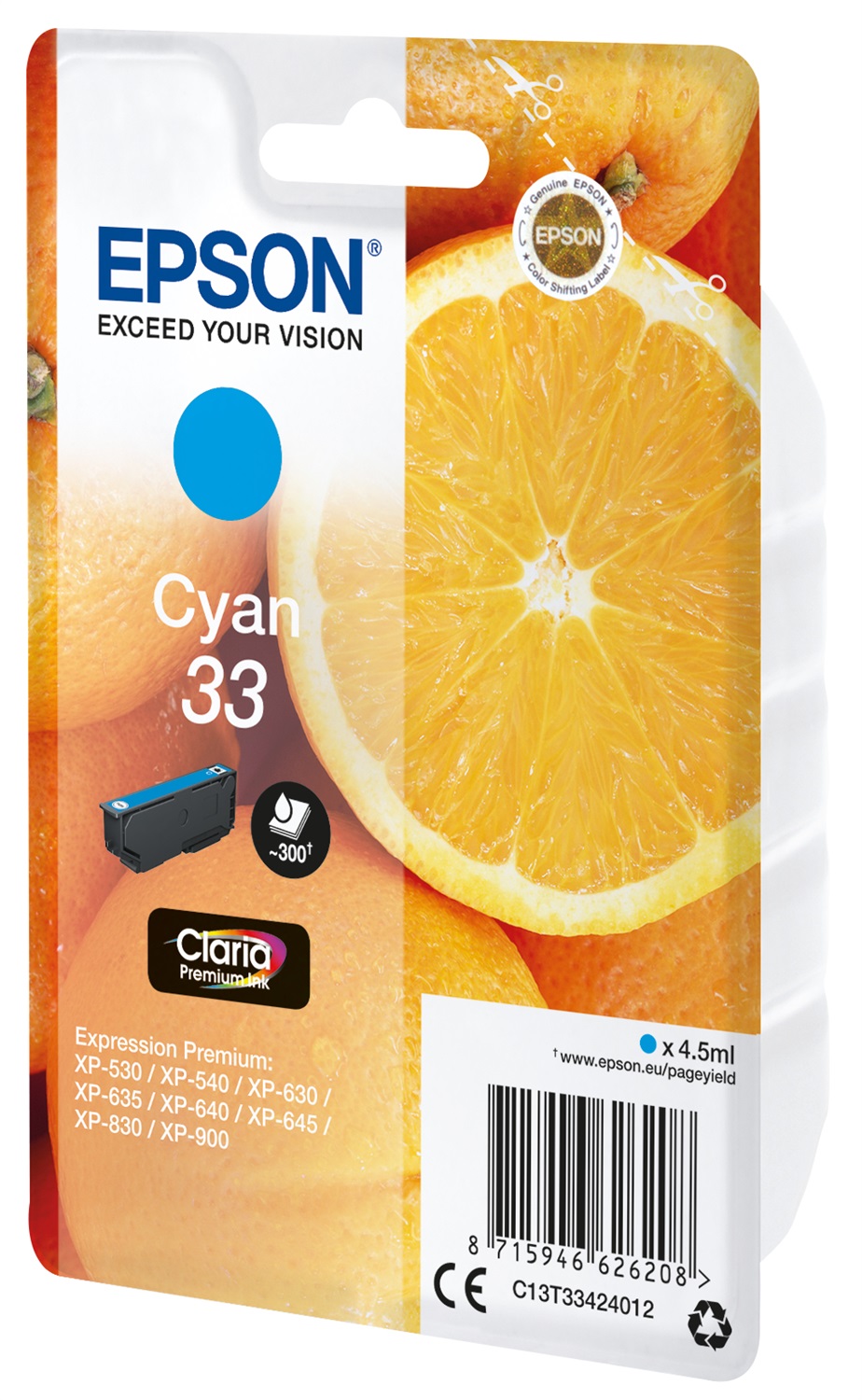 Epson C13T33424022 Cartuccia d'Inchiostro Ciano T33 Claria Premium - 4,5 ml, 300 Pagine, Compatibile con XP-530, XP-540, XP-630, XP-635, XP-640, XP-645, XP-7100, XP-830, XP-900