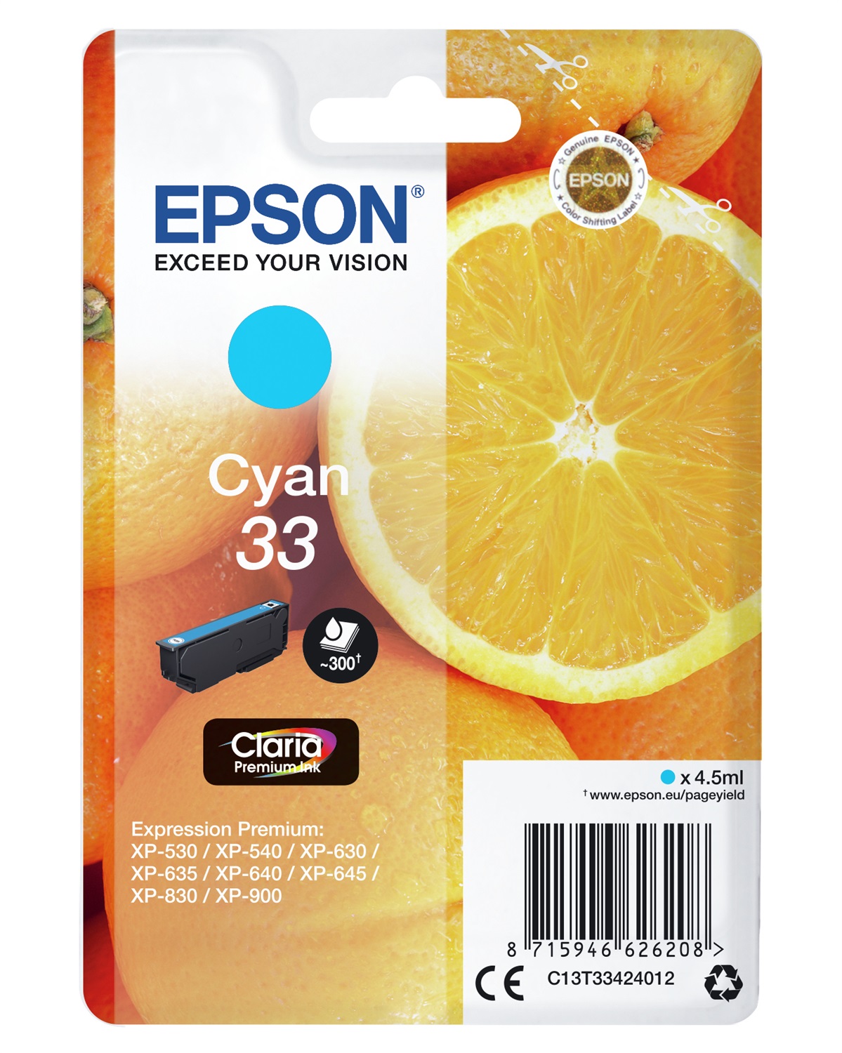 Epson C13T33424022 Cartuccia d'Inchiostro Ciano T33 Claria Premium - 4,5 ml, 300 Pagine, Compatibile con XP-530, XP-540, XP-630, XP-635, XP-640, XP-645, XP-7100, XP-830, XP-900