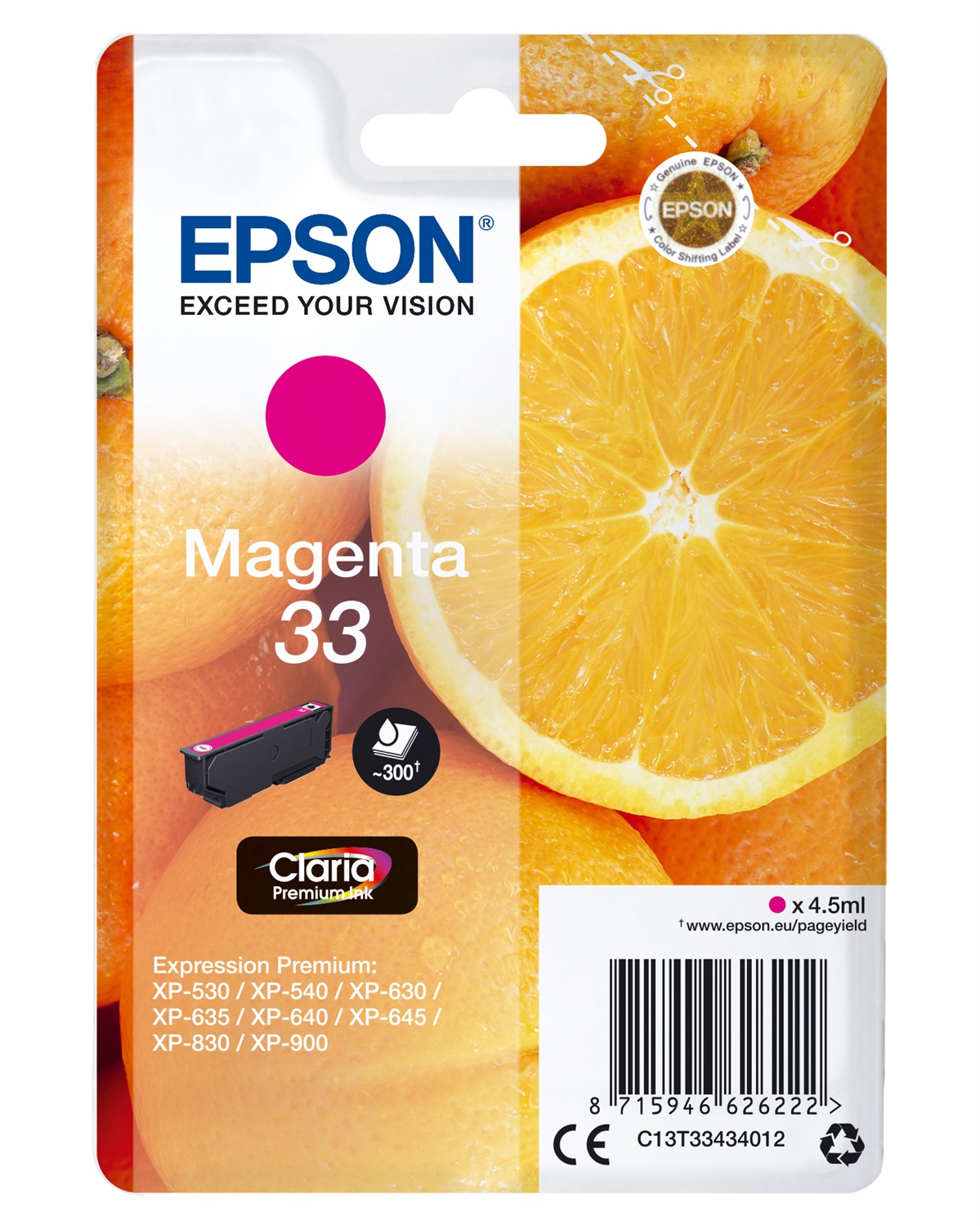 Epson Cartuccia Magenta T33 Claria Premium - 4,5 ml, 300 pagine, compatibile con XP-530, XP-540, XP-630, XP-635, XP-640, XP-645, XP-7100, XP-830, XP-900
