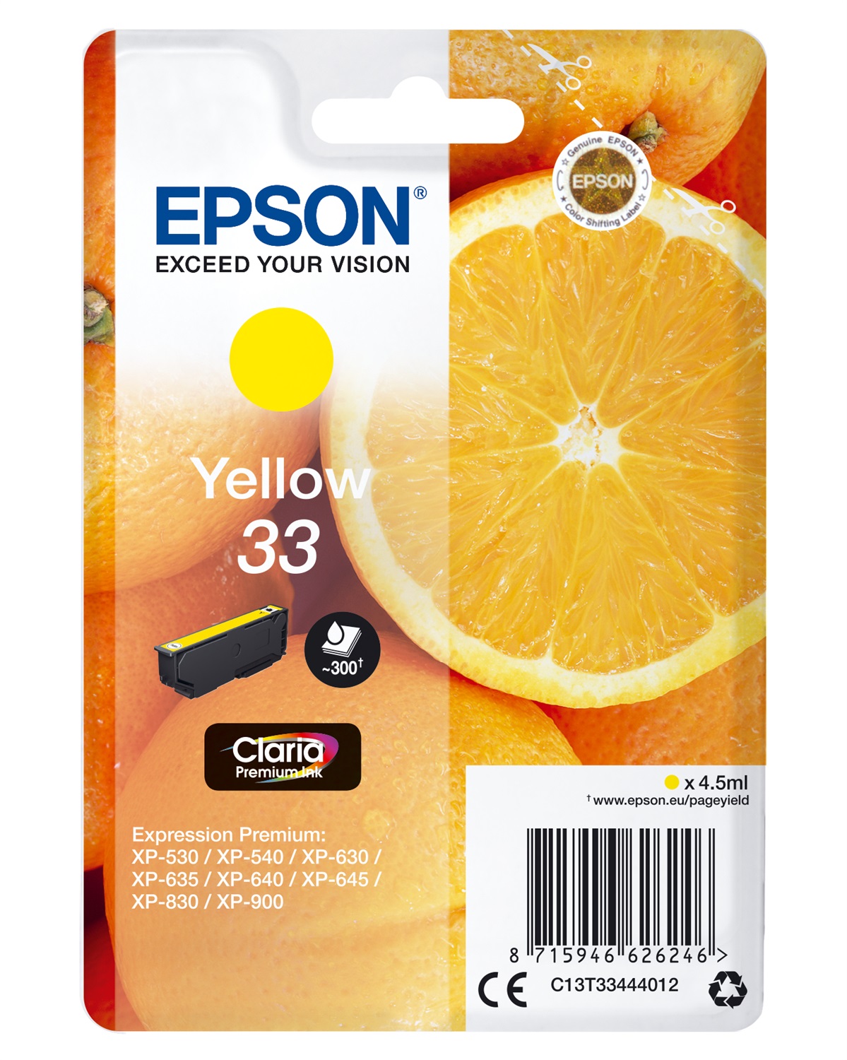 Epson Cartuccia Giallo T33 Claria Premium - C13T33444012, 4,5 ml, 300 pagine, compatibile con Epson Expression Premium
