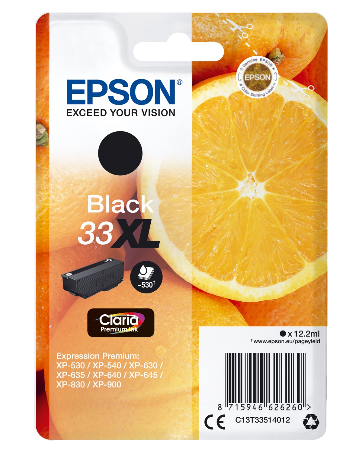 Epson Cartuccia d'Inchiostro Nero T33XL Claria Premium - 12,2 ml, Alta Capacità, Compatibile con XP-530, XP-540, XP-630, XP-635, XP-640, XP-645, XP-7100, XP-830, XP-900