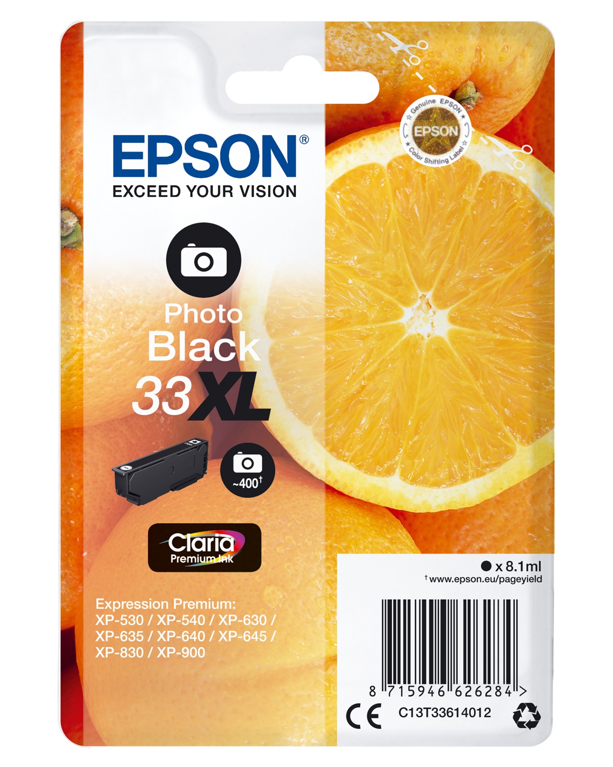 Epson Cartuccia inchiostro Nero Fotografico 33XL C13T33614012 - Alta Capacità 8,1 ml, Resa 650 Pagine, Compatibile con XP-530, XP-540, XP-630, XP-635, XP-640, XP-645, XP-7100, XP-830, XP-900