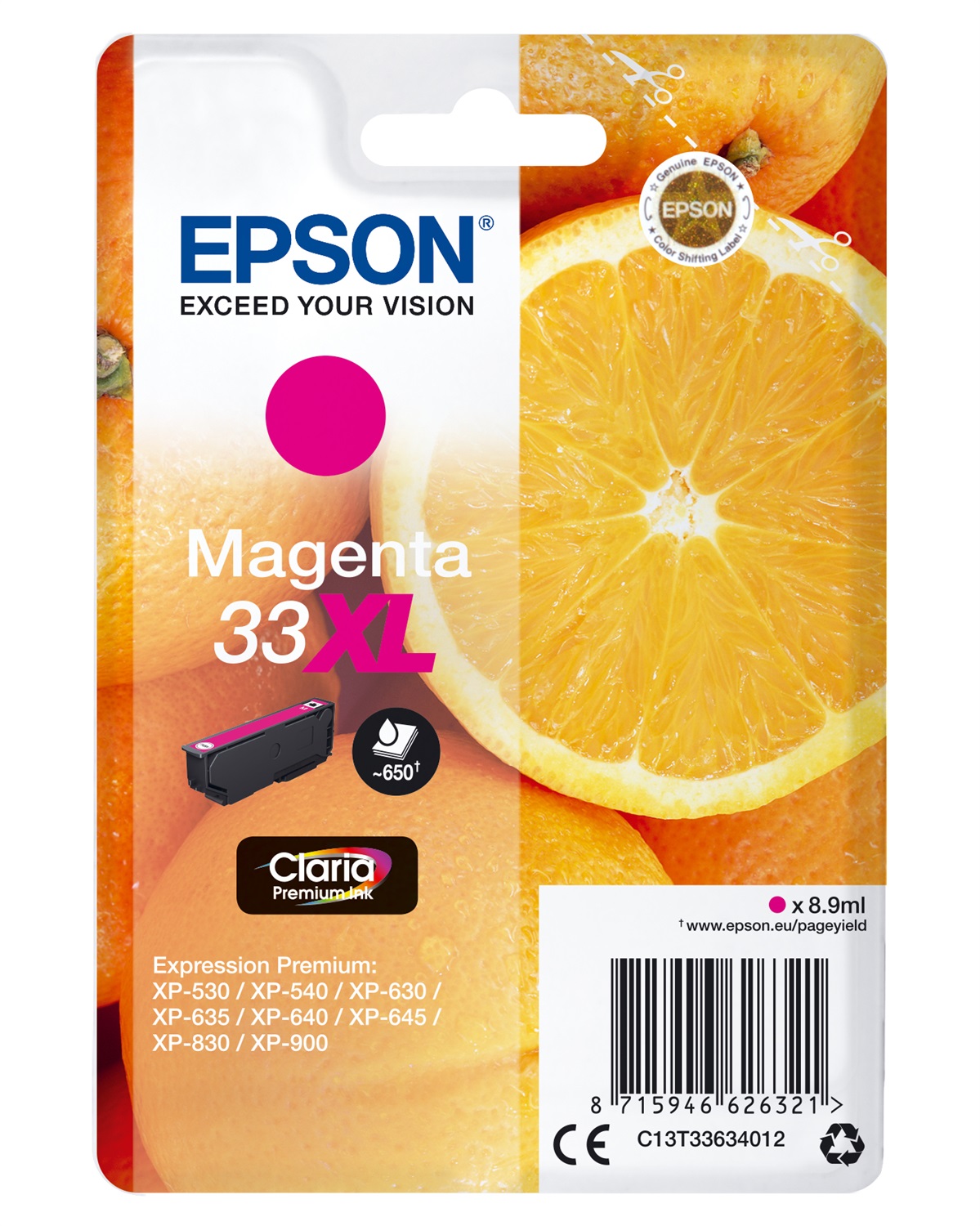 Epson Cartuccia Magenta T33XL Claria Premium - 8,9 ml, Resa Elevata (XL), Inchiostro a Base di Pigmento, Fino a 650 Pagine