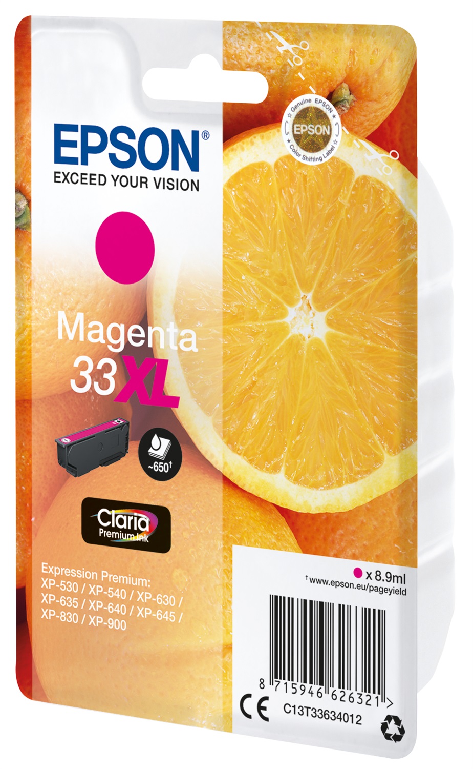 Epson Cartuccia Magenta T33XL Claria Premium - 8,9 ml, Resa Elevata (XL), Inchiostro a Base di Pigmento, Fino a 650 Pagine
