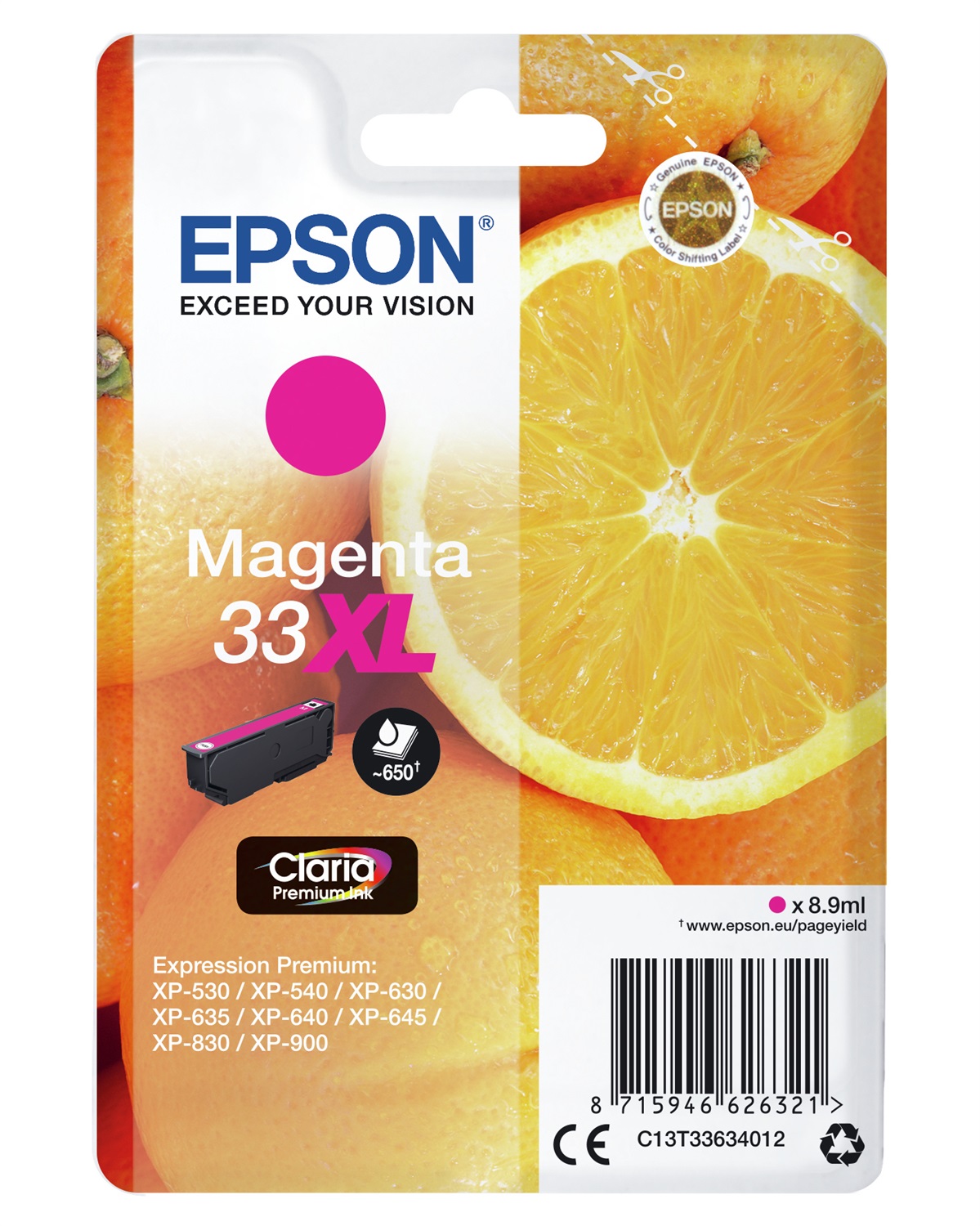 Epson Cartuccia Magenta T33XL Claria Premium - 8,9 ml, Resa Elevata (XL), Inchiostro a Base di Pigmento, Fino a 650 Pagine