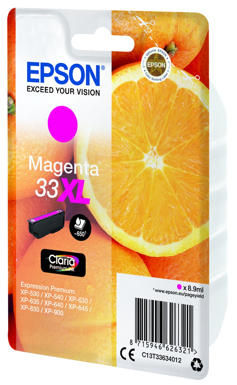 Epson Cartuccia Magenta T33XL Claria Premium - 8,9 ml, Resa Elevata (XL), Inchiostro a Base di Pigmento, Fino a 650 Pagine
