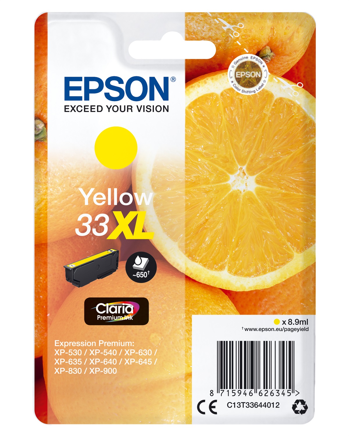Epson Cartuccia Giallo 33XL C13T33644022 Claria Premium - 8,9 ml, Resa Elevata fino a 650 Pagine