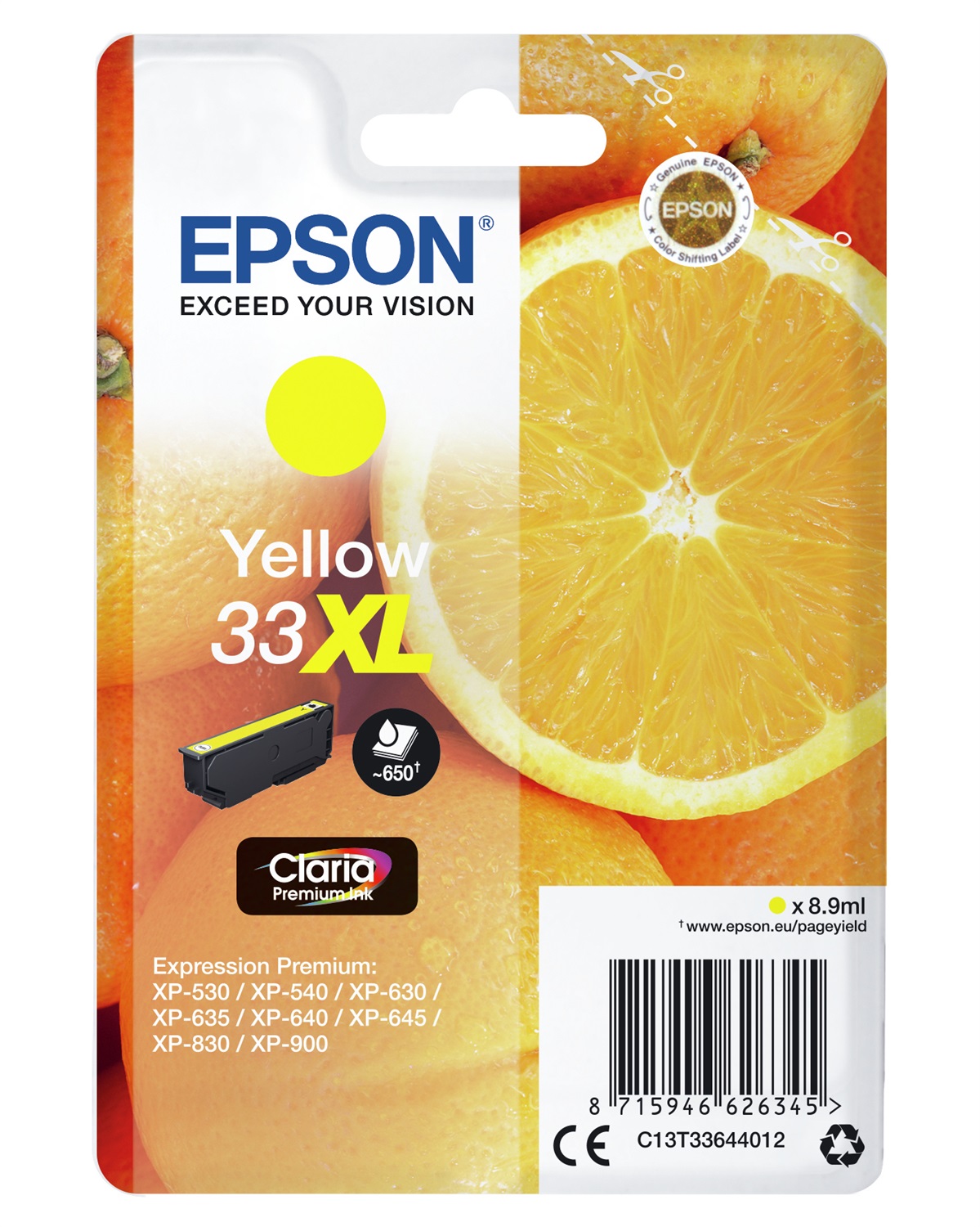 Epson Cartuccia Giallo 33XL C13T33644022 Claria Premium - 8,9 ml, Resa Elevata fino a 650 Pagine
