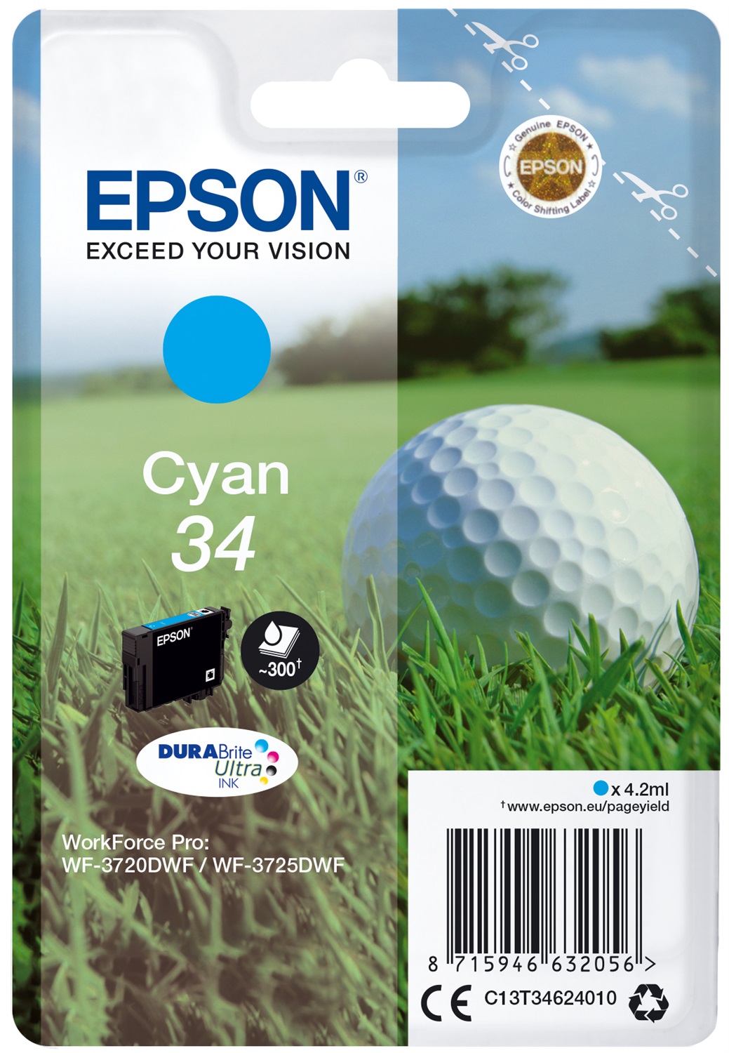 Epson Cartuccia d'Inchiostro Ciano 34 C13T34624010 - 4,2 ml, Fino a 300 Pagine, Compatibile con WF-3720DWF e WF-3725DWF