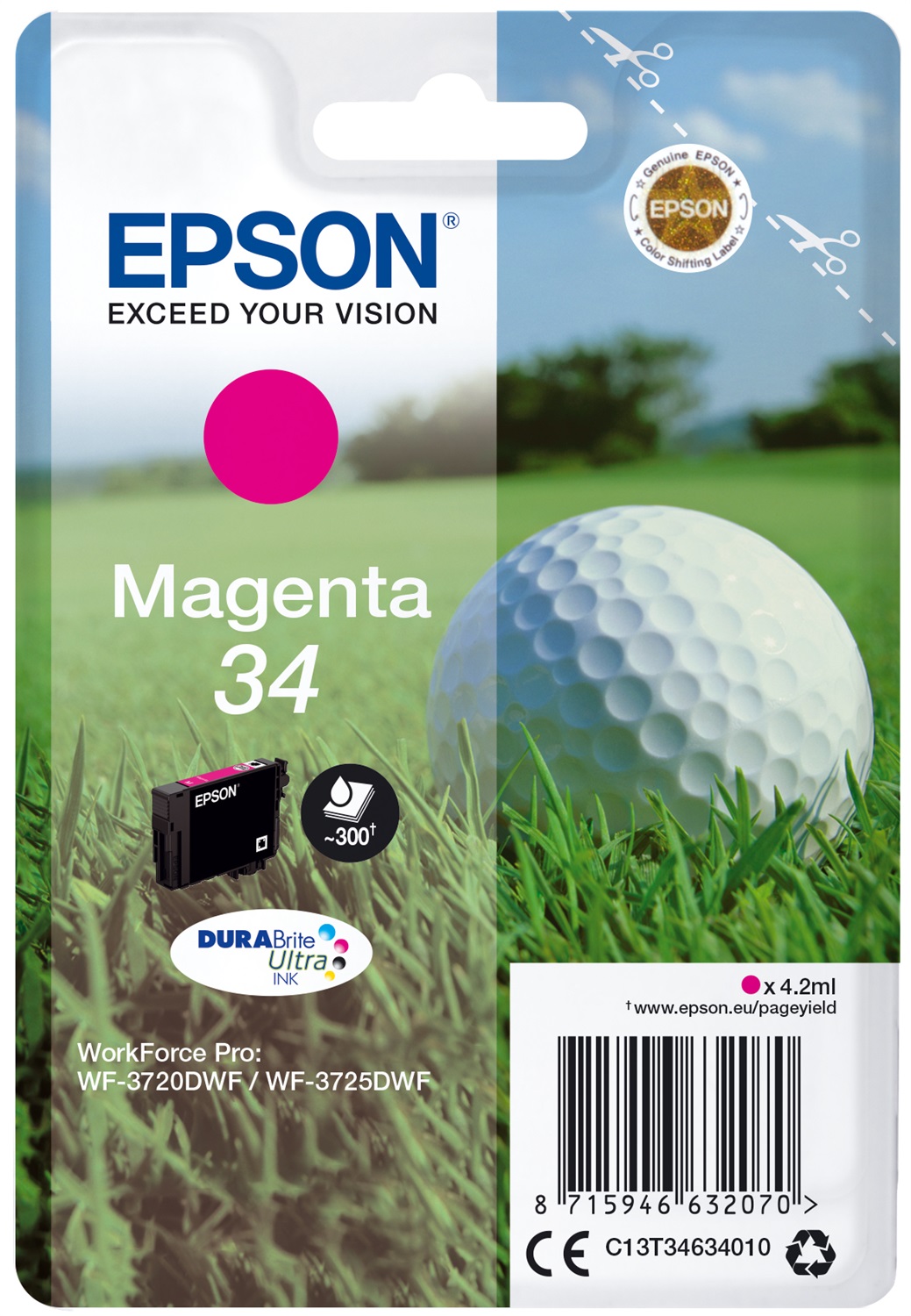 Epson C13T34634020 Cartuccia Magenta 34 DURABrite Ultra Ink - 4,2 ml, Fino a 300 Pagine, Compatibile con Workforce Pro WF-3720 e WF-3725