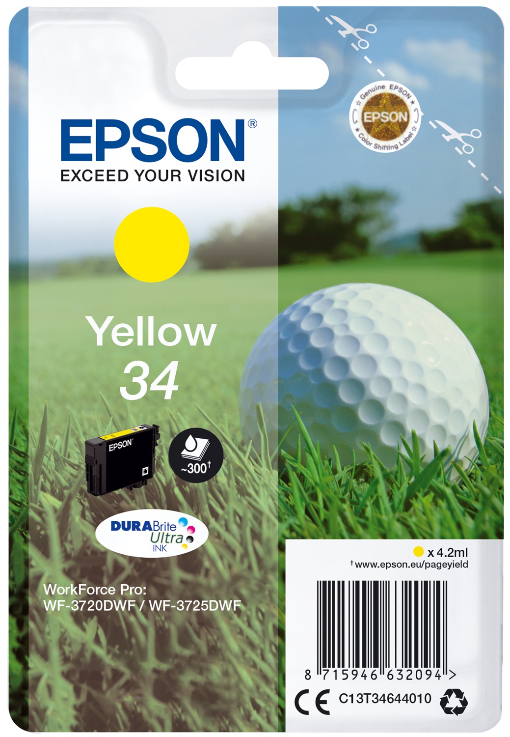 Epson Cartuccia d'Inchiostro Giallo C13T34644010 - 34 - 4,2ml - Fino a 300 Pagine - Compatibile con WorkForce Pro WF-3720DWF e WF-3725DWF