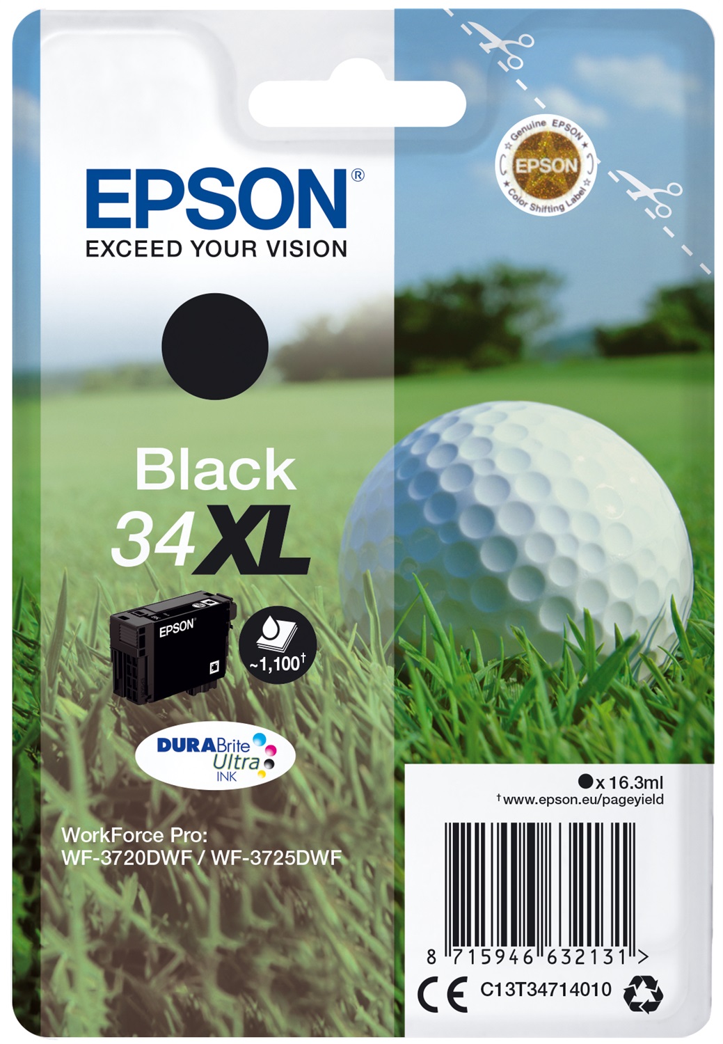 Epson Cartuccia d'Inchiostro Nero C13T34714010 34XL DURABrite Ultra Ink - 1100 Pagine, 16,3 ml, Compatibile con WF-3720DWF e WF-3725DWF