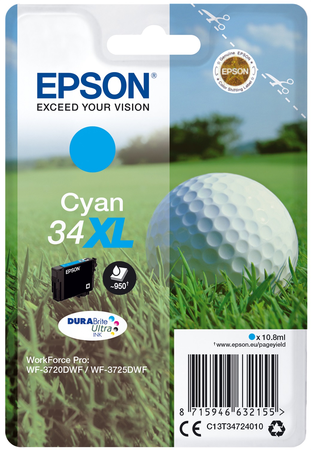 Epson Cartuccia d'Inchiostro Ciano 34XL C13T34724010 - 10,8 ml, Resa ~950 Pagine, Compatibile con WF-3720DWF e WF-3725DWF