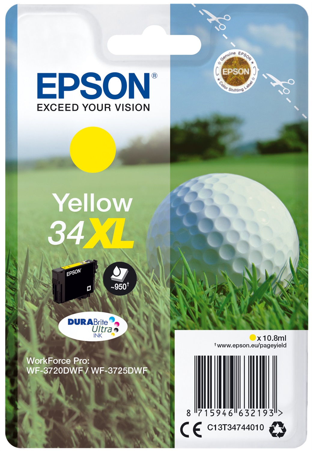 Epson Cartuccia d'Inchiostro Giallo 34XL (C13T34744010) - Resa Elevata, 10,8 ml, Fino a 950 Pagine, Inchiostro a Base di Pigmento