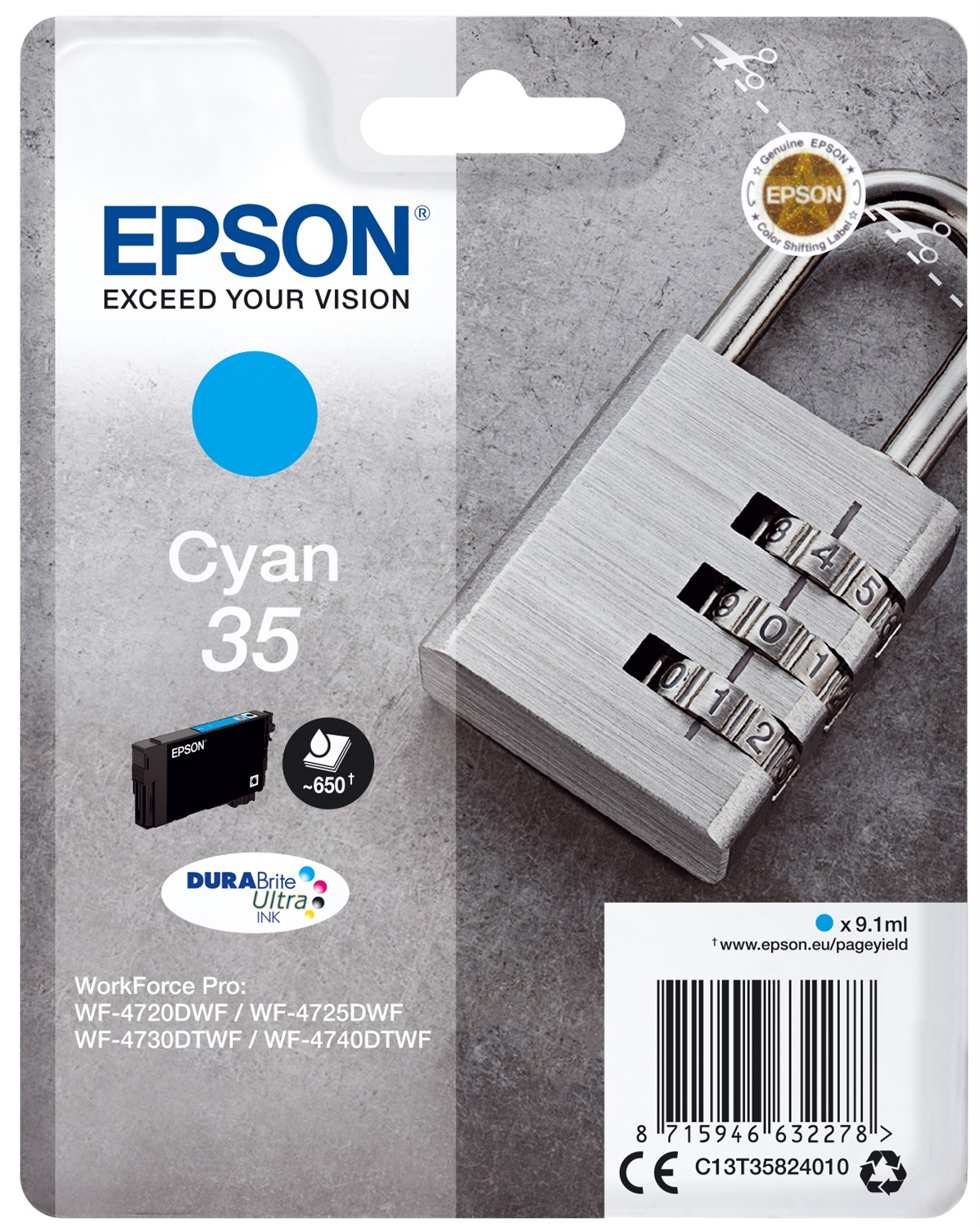 Epson Cartuccia d'Inchiostro Ciano C13T35824010 - 35 - 9,1 ml - Resa 650 Pagine - Compatibile con WorkForce Pro