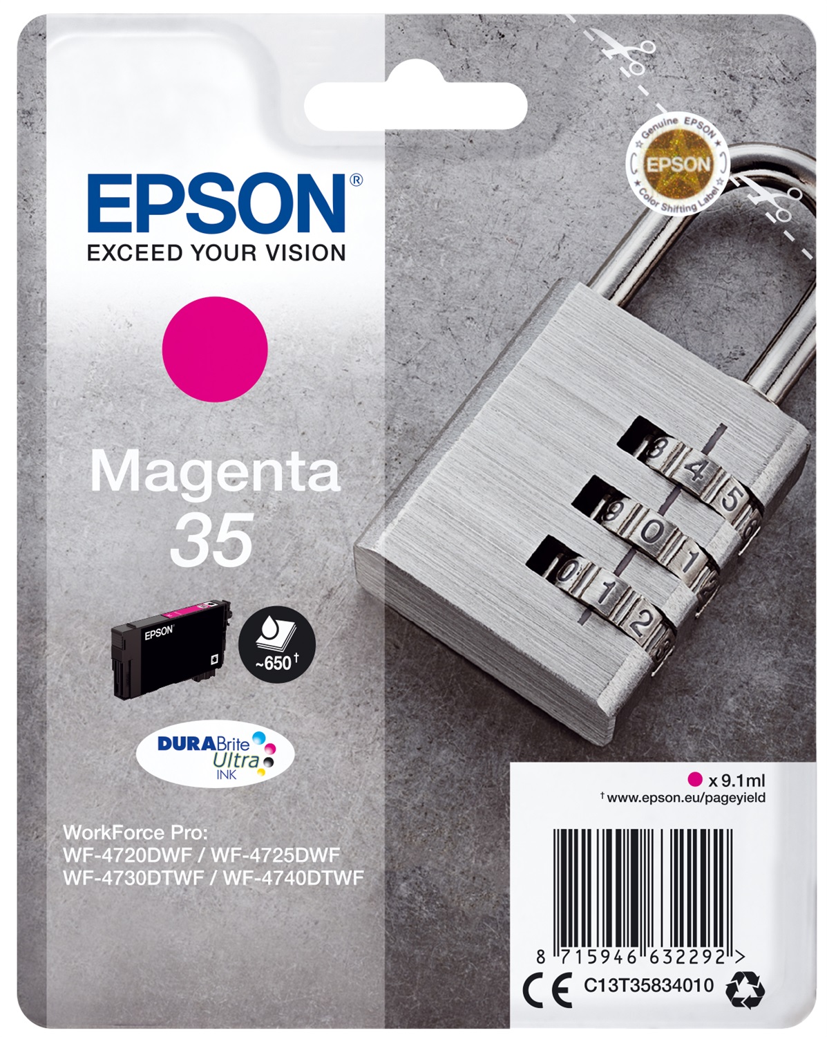 Epson Cartuccia Magenta 35 C13T35834020 DURABrite Ultra Ink - 9,1 ml, 650 pagine, compatibile con WF-4720, WF-4725, WF-4730, WF-4740