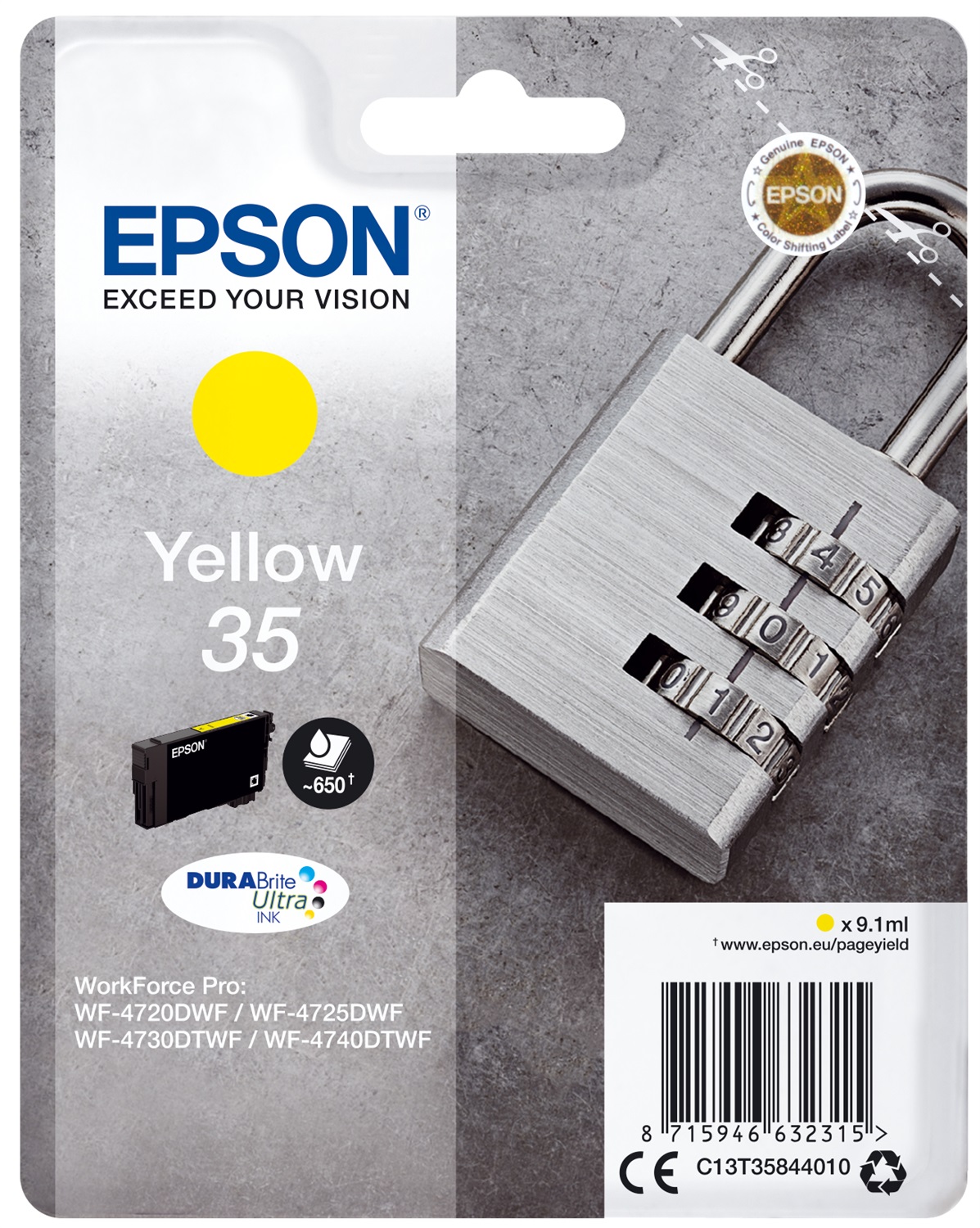 Epson Cartuccia d'Inchiostro Giallo C13T35844010 - 35 DURABrite Ultra Ink, 9,1 ml, 650 Pagine, Resa Standard