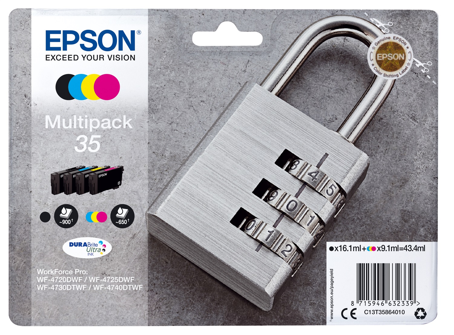 Epson Multipack 4 Colori C13T35864020 DURABrite Ultra Ink - Standard, 9,1 ml e 16,1 ml, Compatibile con WorkForce Pro