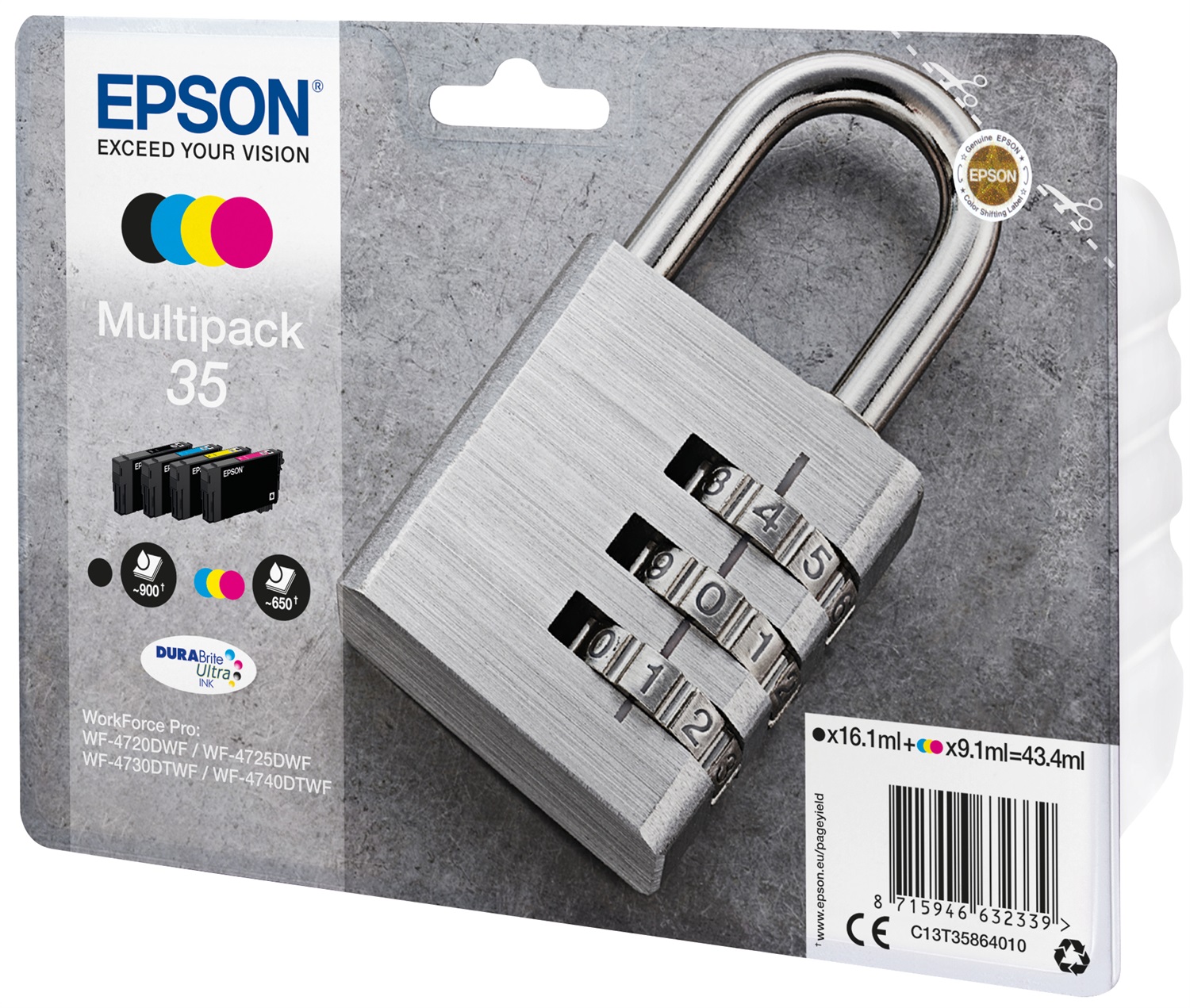 Epson Multipack 4 Colori C13T35864020 DURABrite Ultra Ink - Standard, 9,1 ml e 16,1 ml, Compatibile con WorkForce Pro