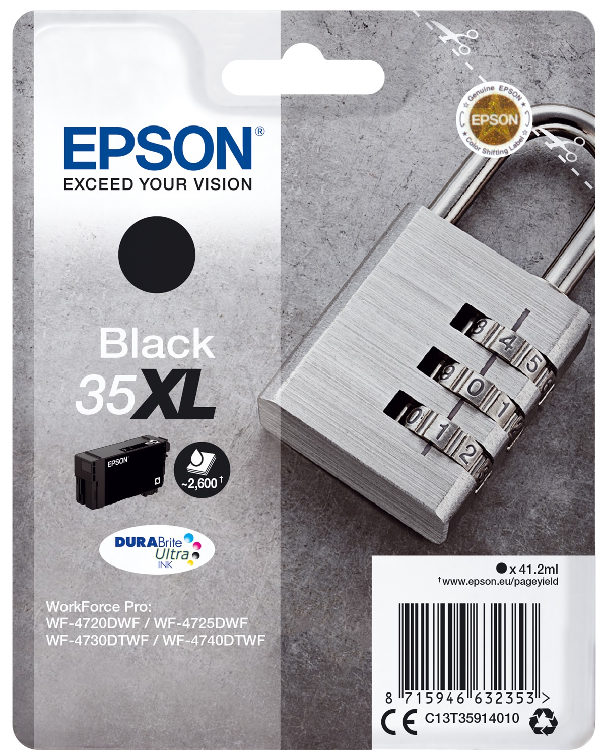 Epson Cartuccia Nero 35XL C13T35914020 DURABrite Ultra Ink - 41,2 ml, Fino a 2600 Pagine, Confezione Singola
