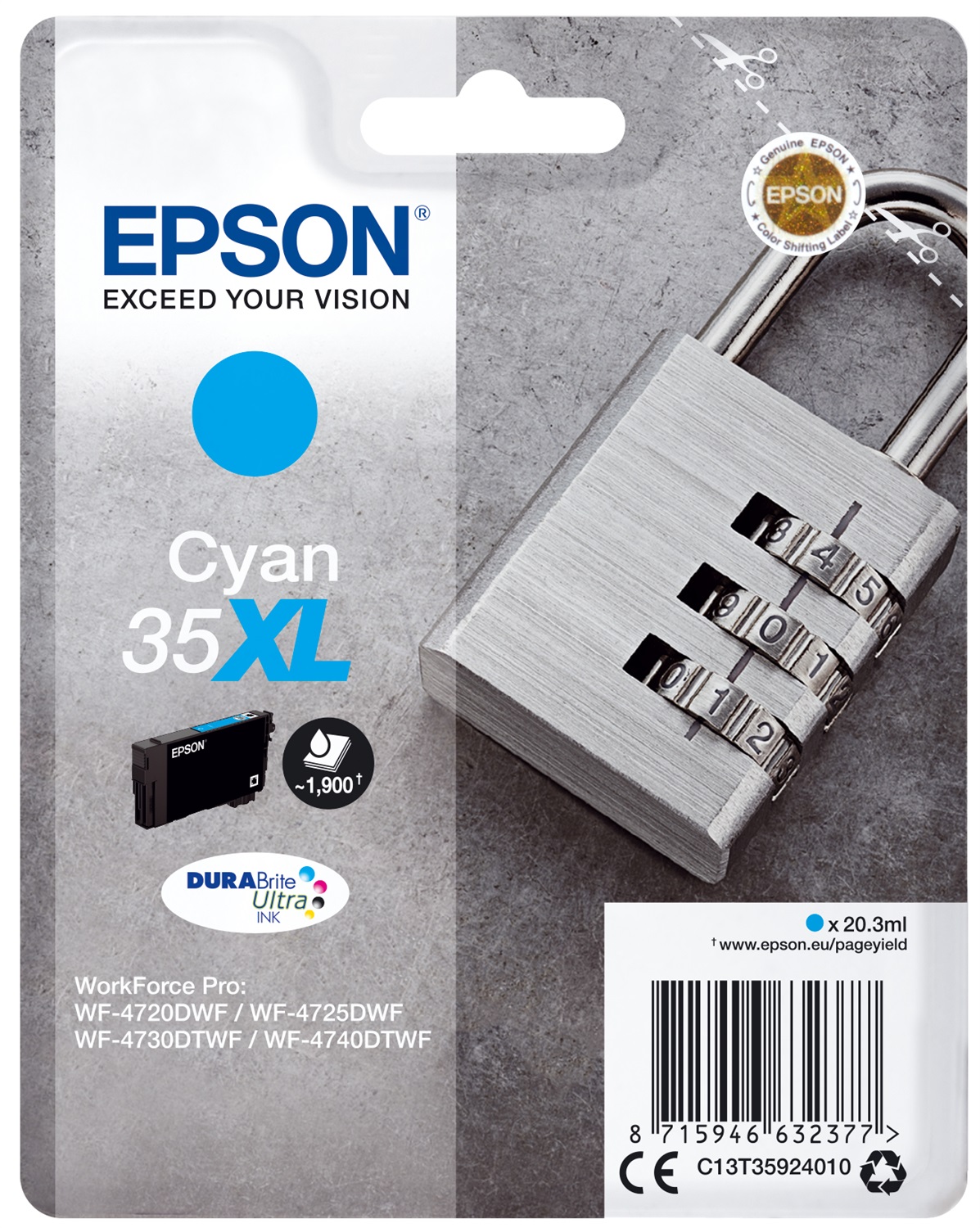 Epson Cartuccia Ciano 35XL DURABrite Ultra Ink - 20,3 ml, Resa 1900 pagine, Compatibile con WF-4720, WF-4725, WF-4730, WF-4740